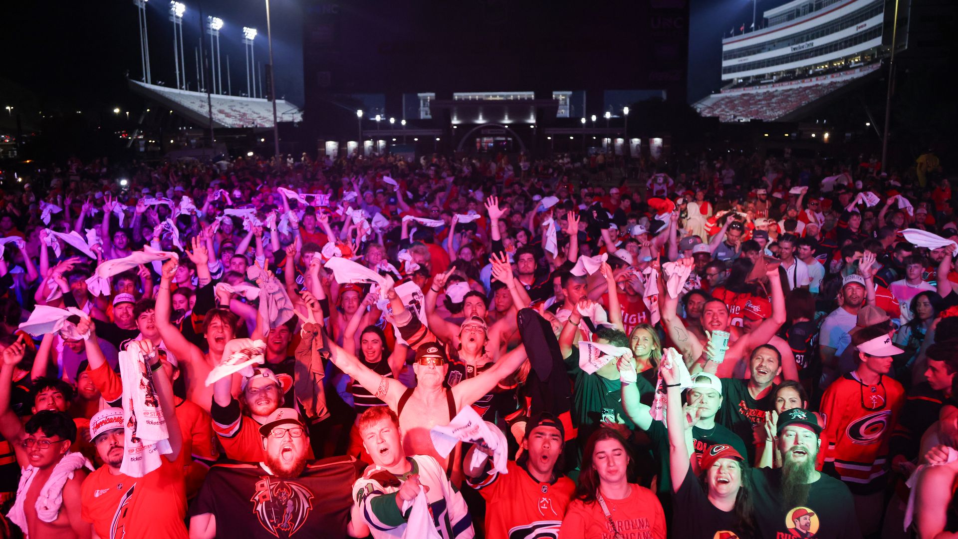 RALEIGH, NC - JUNE 11: Fans celebrate the win outside of game five game five of the NHL Stanley Cup Final between the Vegas Golden Knights and the Carolina Hurricanes on June 11, 2026 at Lenovo Center in Raleigh, NC. (Photo by Nicholas Faulkner/Icon Sportswire via Getty Images)