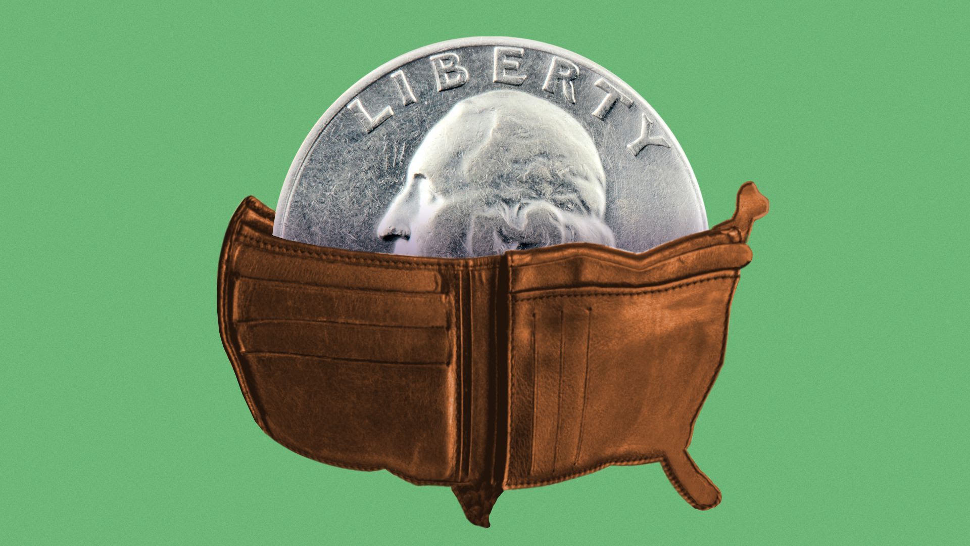 a quarter inside a leather pouch that's shaped like the united states