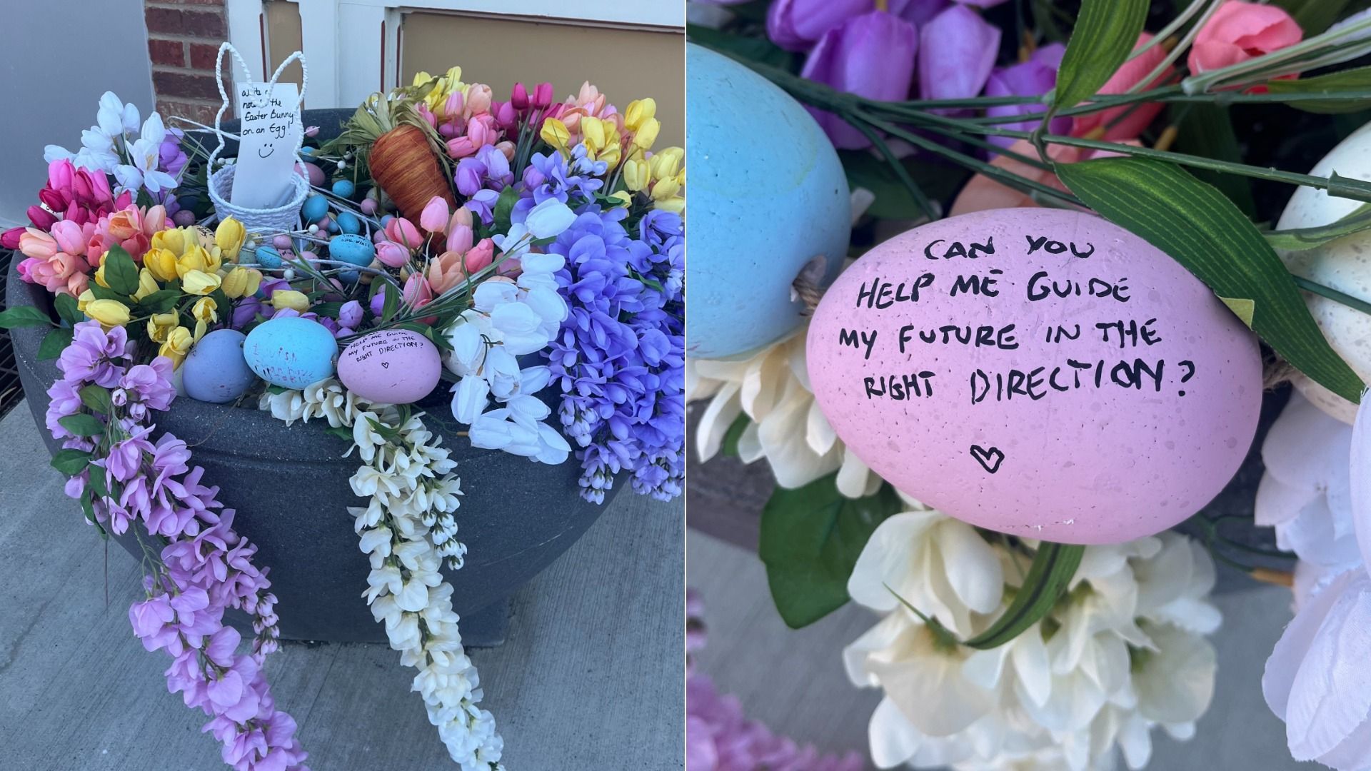 Two-panel Easter scene: left a flower-filled planter with pastel eggs and a bunny; right a pink egg with the message Can you help me guide my future in the right direction? and a heart.