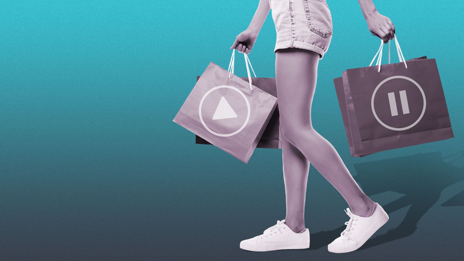 Illustration of a person carrying shopping bags printed with play and pause buttons.