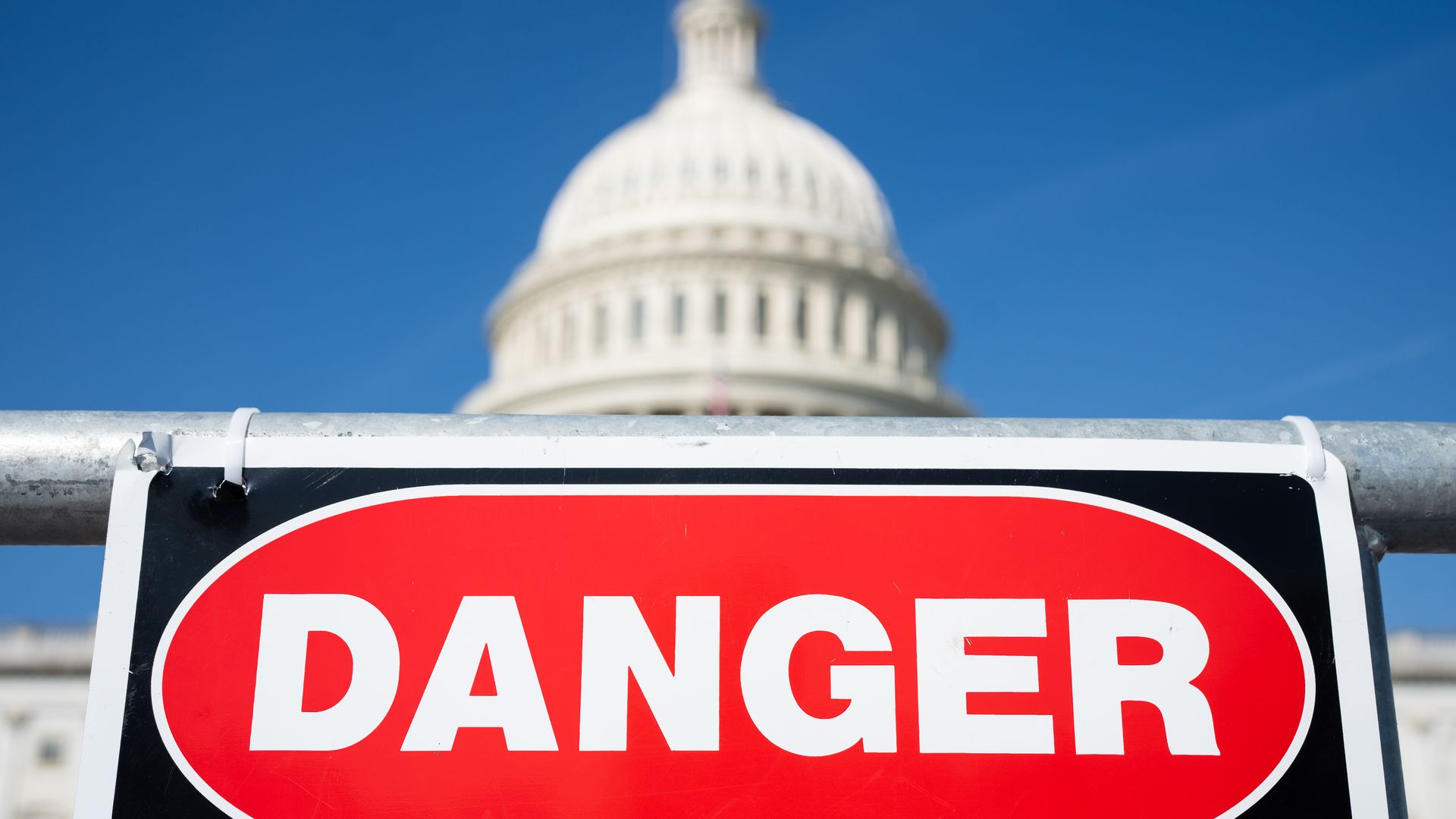  A "danger" sign is posted at a work site on the East Plaza of the U.S. Capitol