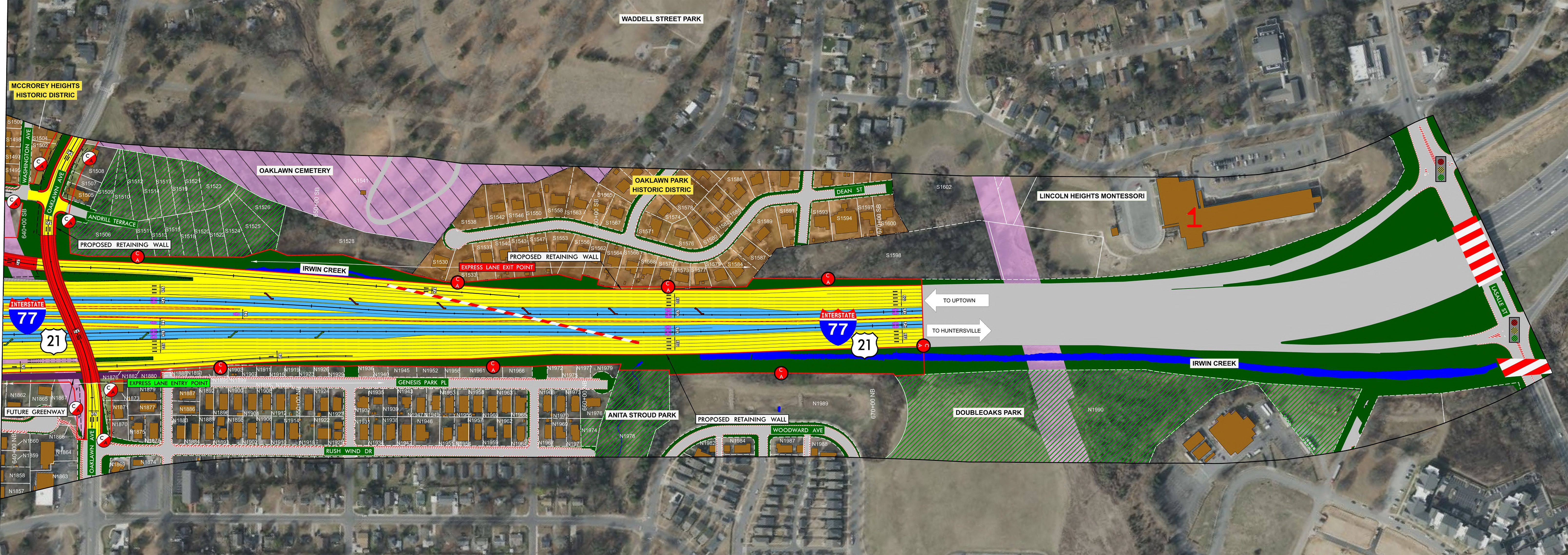 A detailed map showing proposed changes around Interstate 77 and Route 21, including express lane entry and exit points, retaining walls, nearby parks, residential areas, and landmarks like Oaklawn Cemetery and Lincoln Heights Montessori.