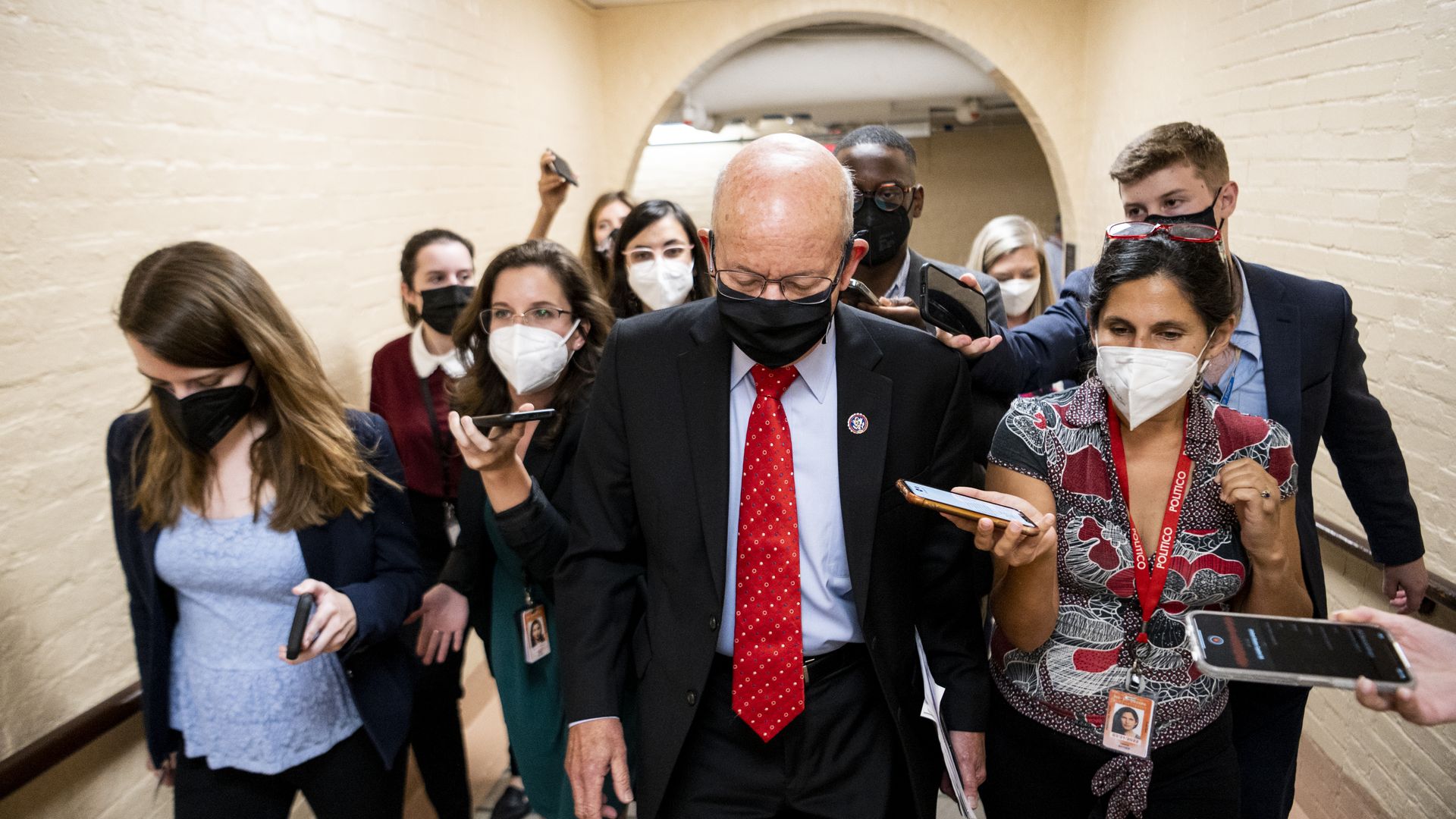 Rep. Peter DeFazio is seen surrounded by reporters following a meeting of the House Democratic Caucus on Monday.