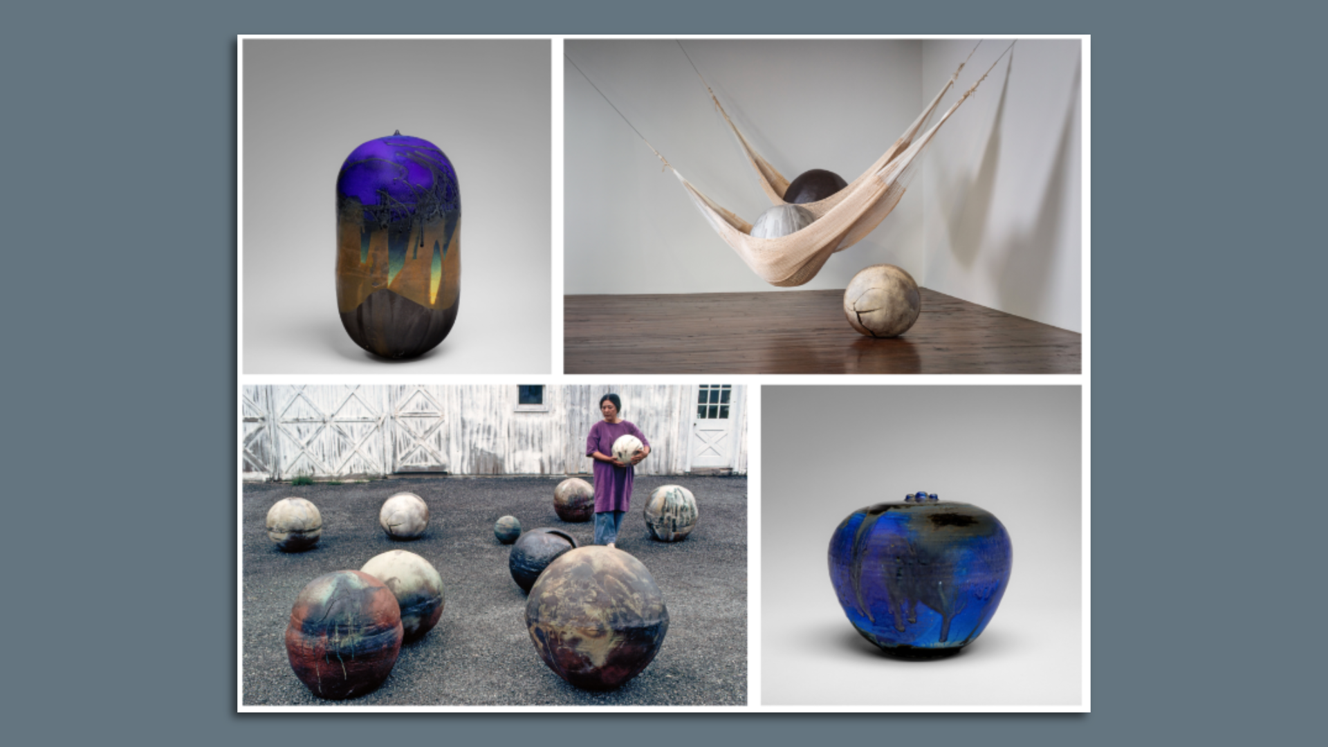 Four pieces of Toshiko Takaezu's work on display.