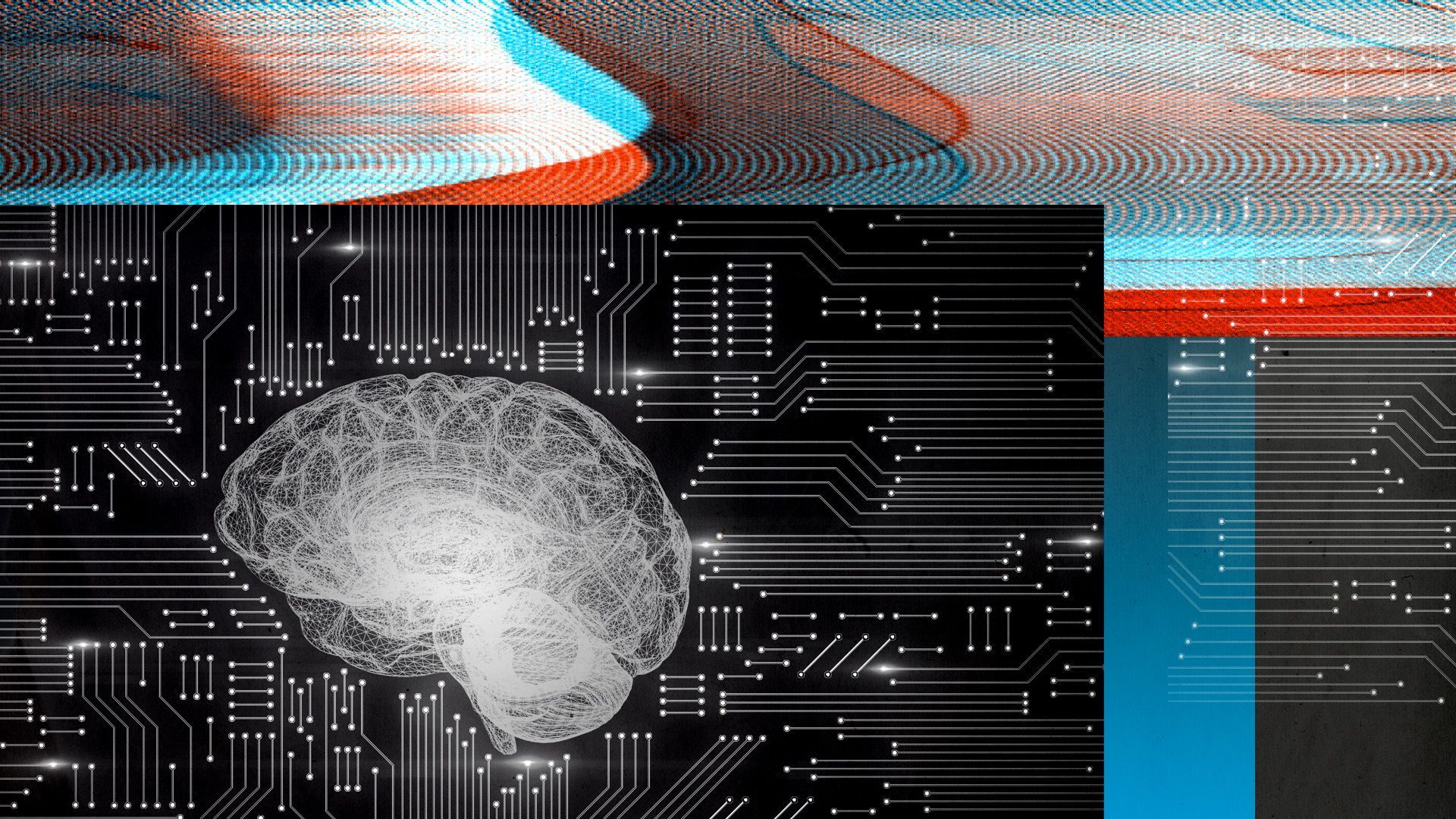 Illustration of a brain surrounded by circuits and glitchy shapes.