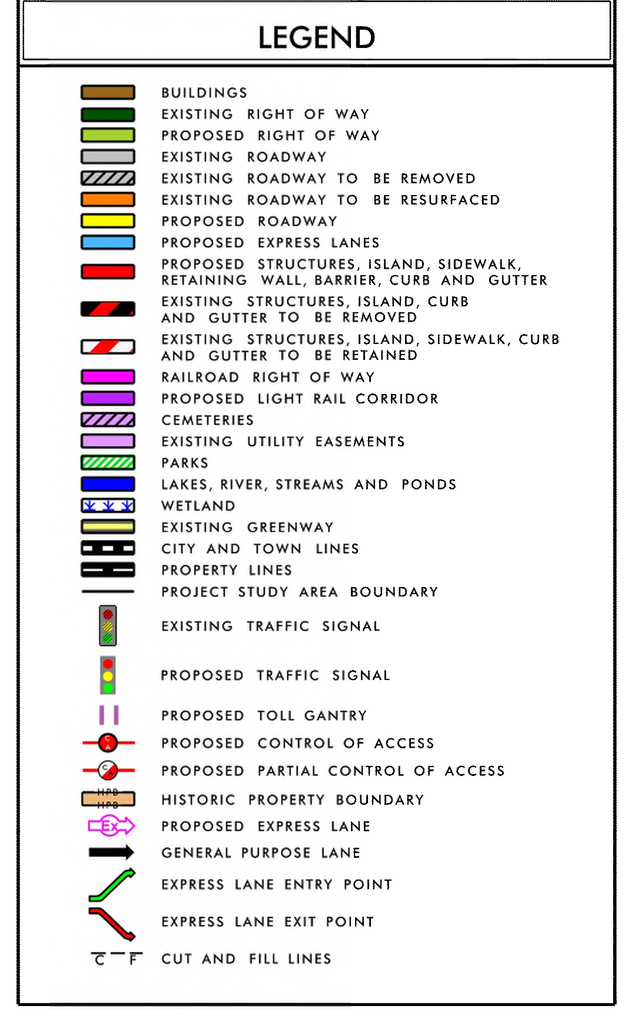 Legend with color-coded symbols representing buildings, right of way, roadways, express lanes, structures, railroads, cemeteries, parks, water bodies, traffic signals, toll gantry, access controls, and lane entries/exits.