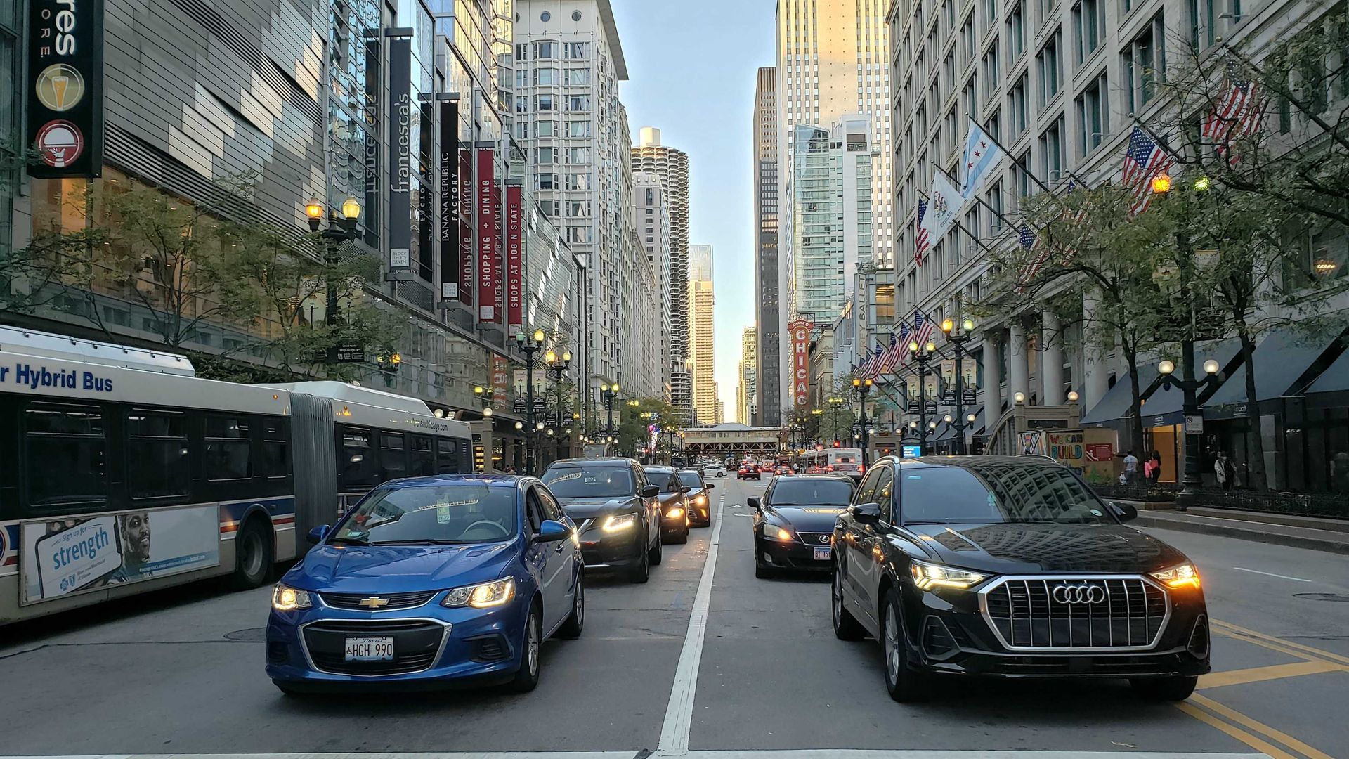 Cars on State Street in Chicago.