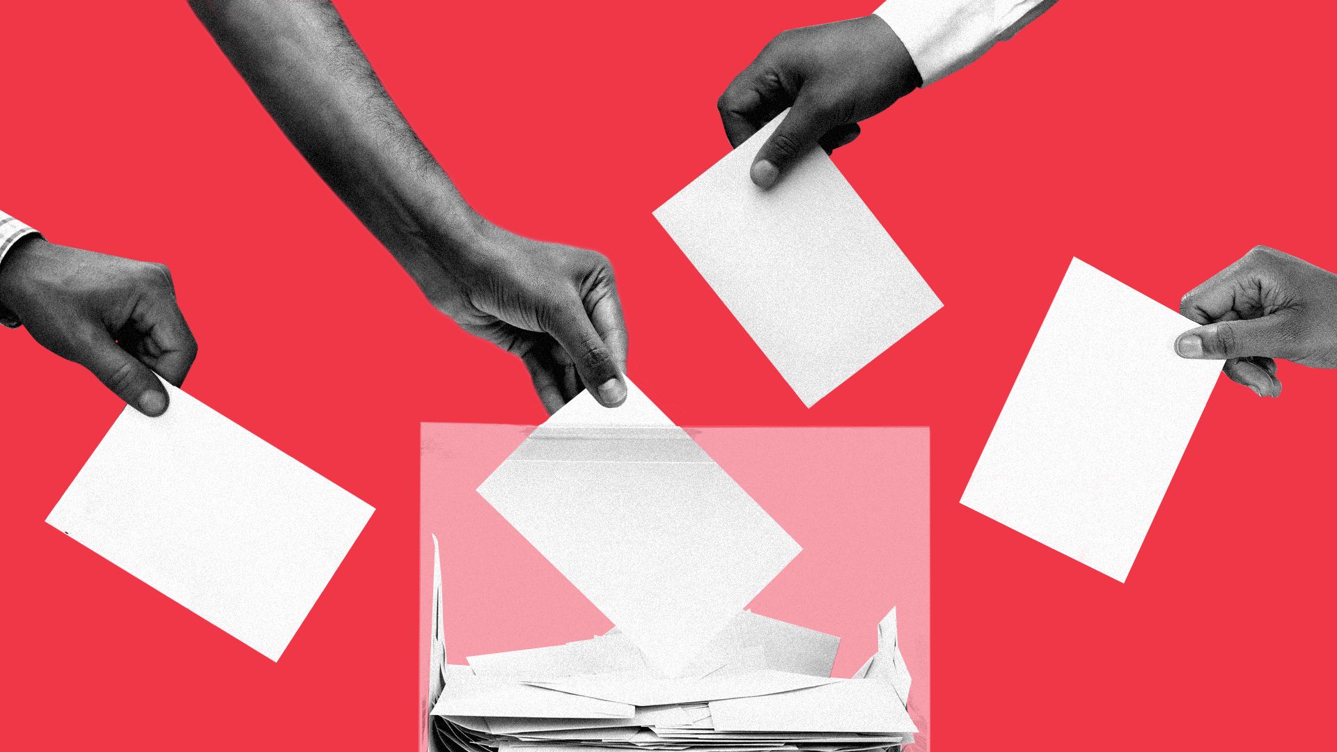 Illustration of hands holding ballots and trying to vote. 