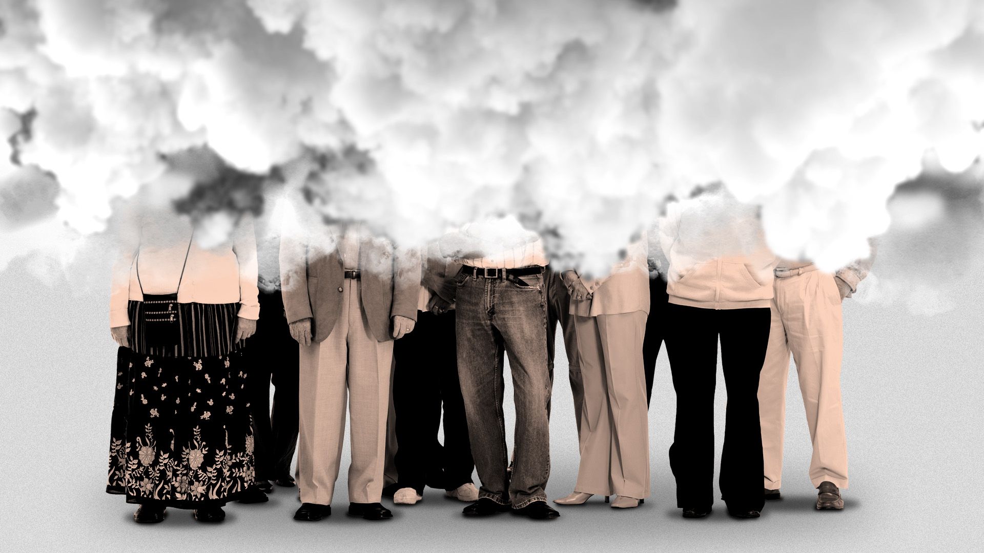 Illustration of a group of people with their top halves covered by smog