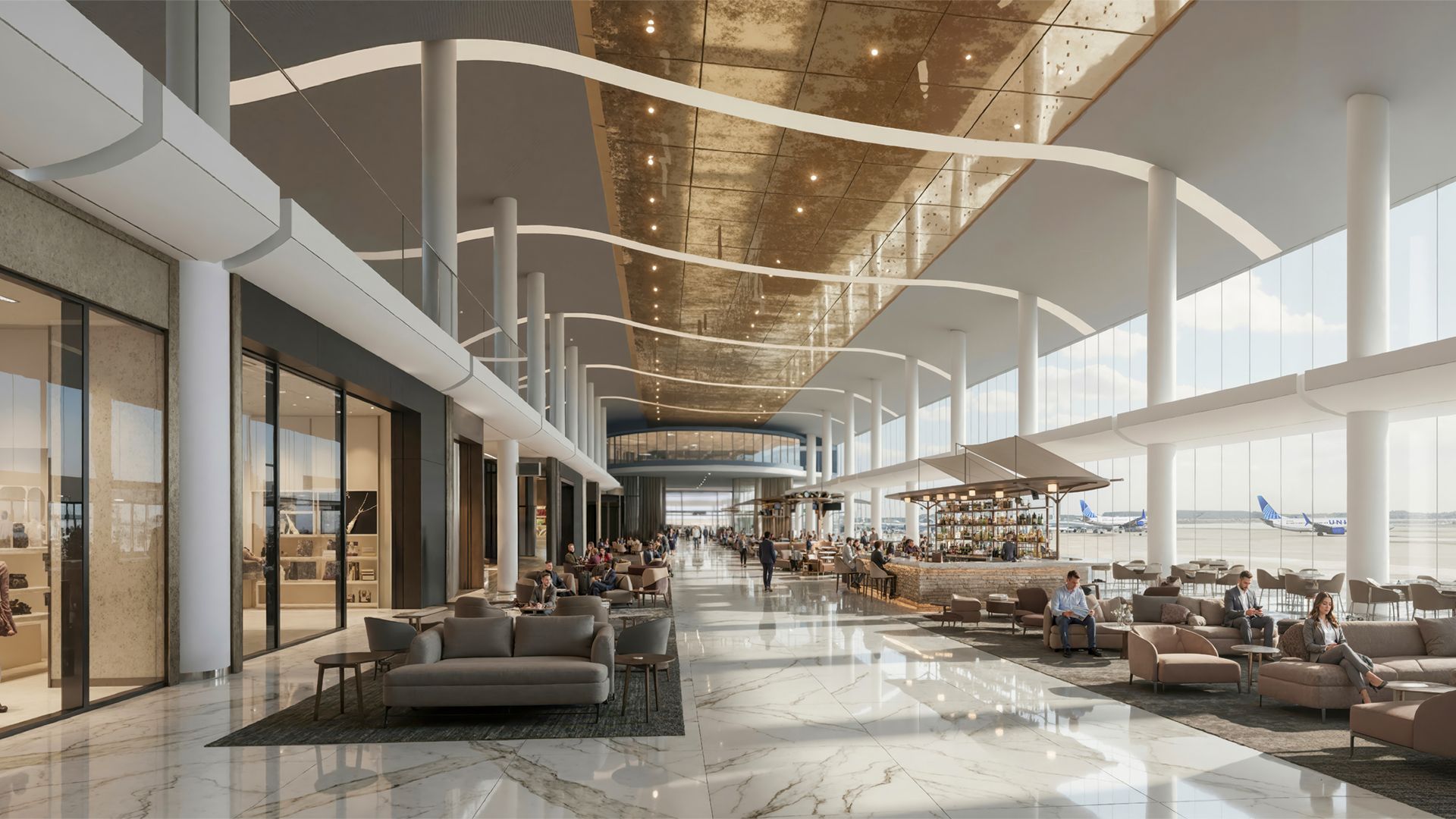 Modern airport lounge with marble floors, white curved pillars, and a row of seating. Large glass walls show planes outside; warm ceiling lights and a central bar area.