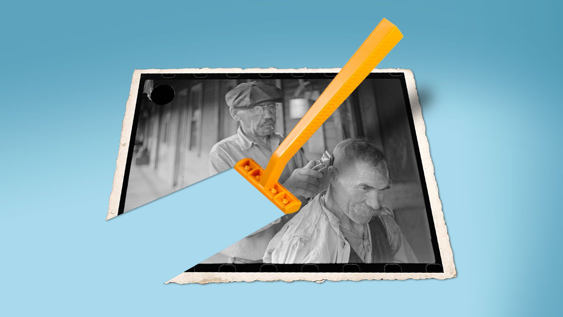 Illustration of a new shaving razor shaving away an old timey photograph of a barber