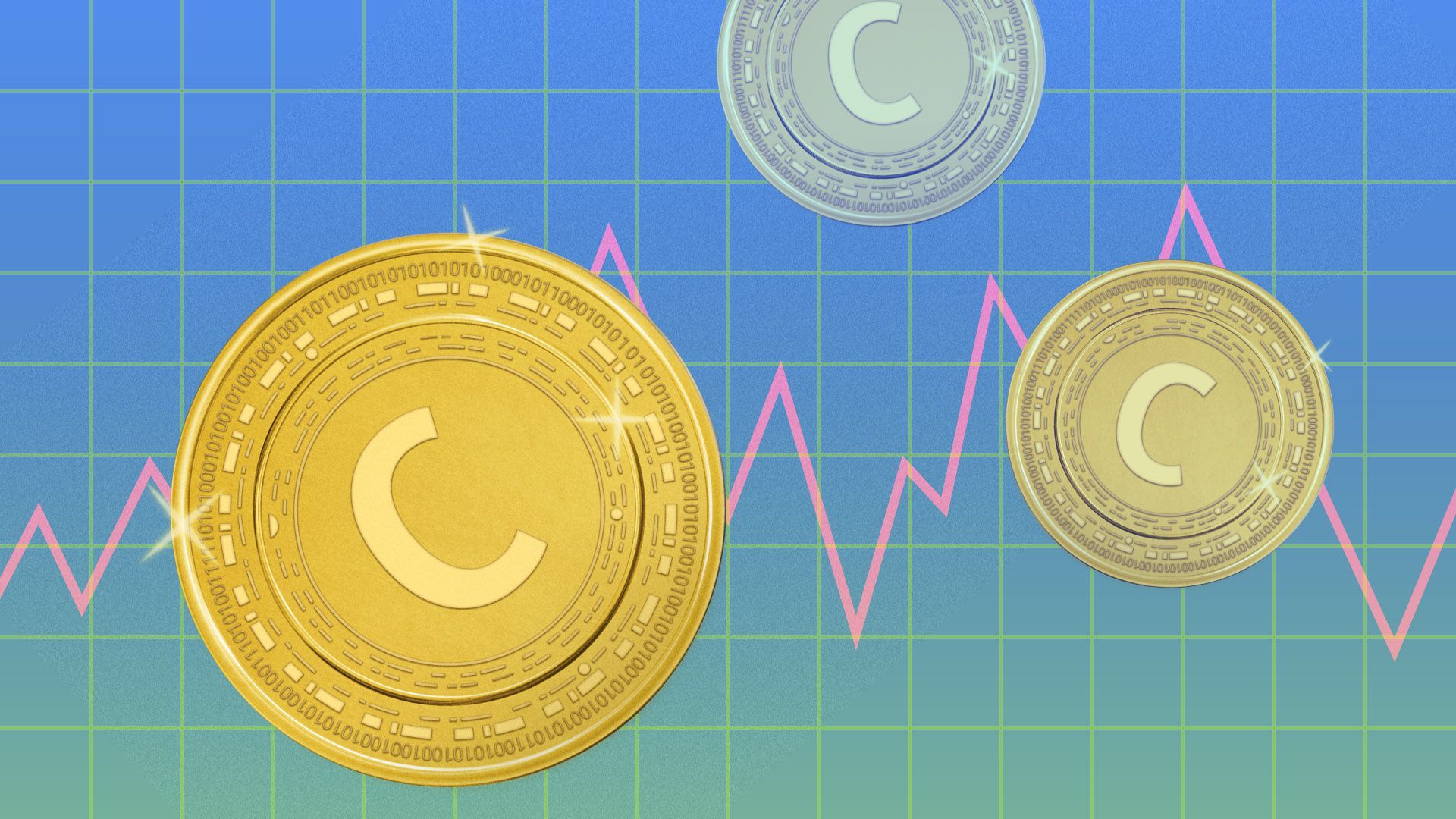 Illustration of gold coins with binary code and the letter "C" against a backdrop of a stock chart
