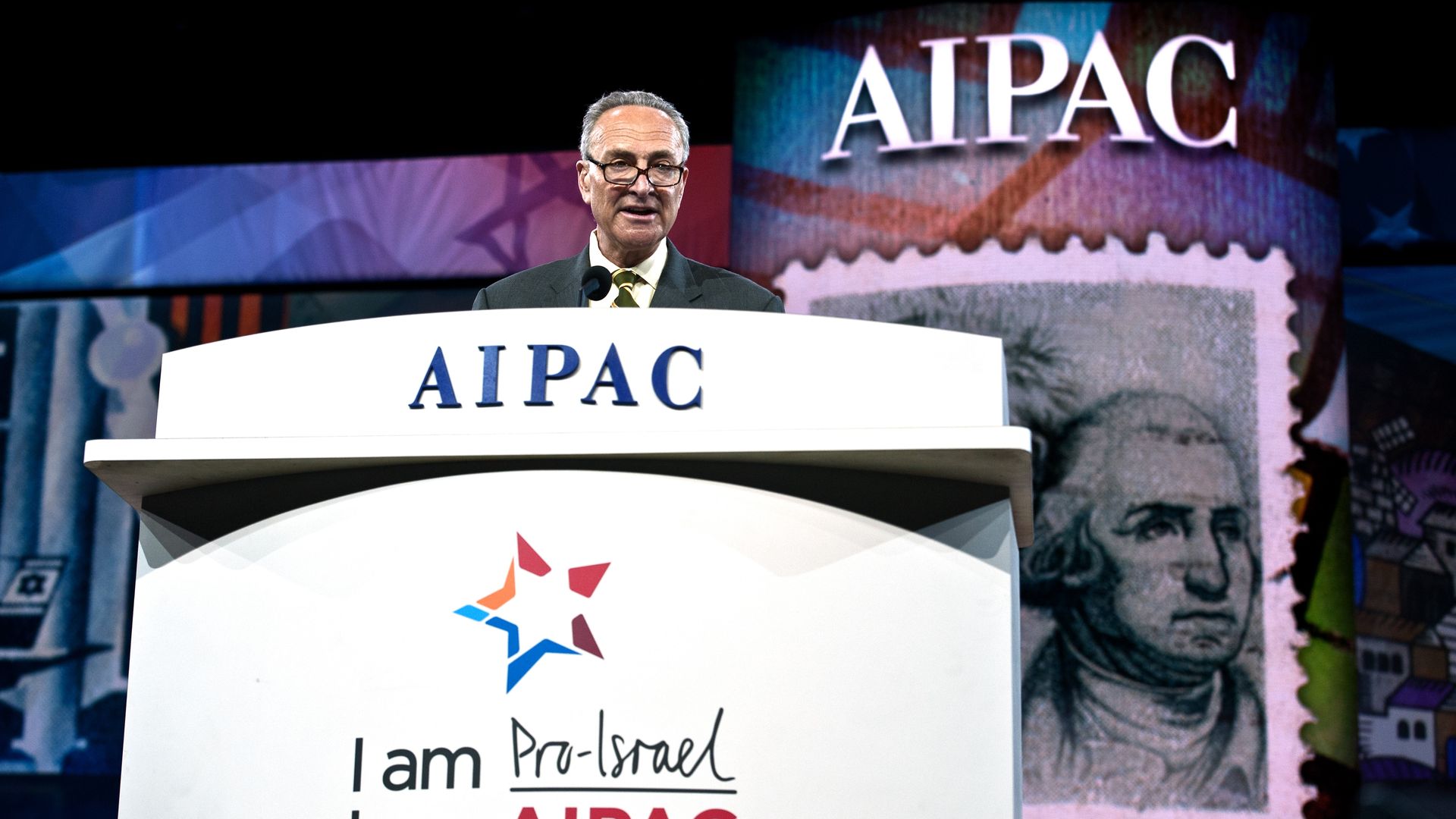 Senate Majority Leader Chuck Schumer is seen addressing an AIPAC convention.