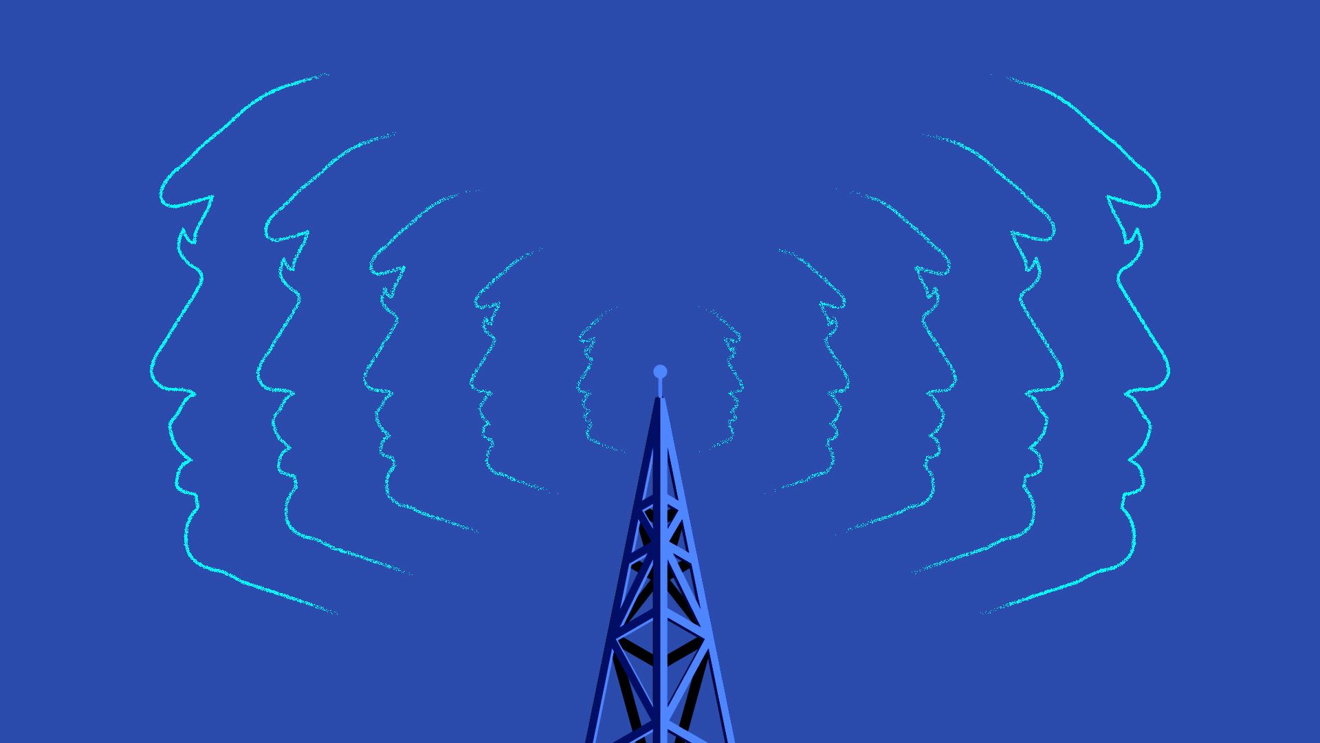 A radio tower emanating radio waves in the shape of Donald Trump's profile