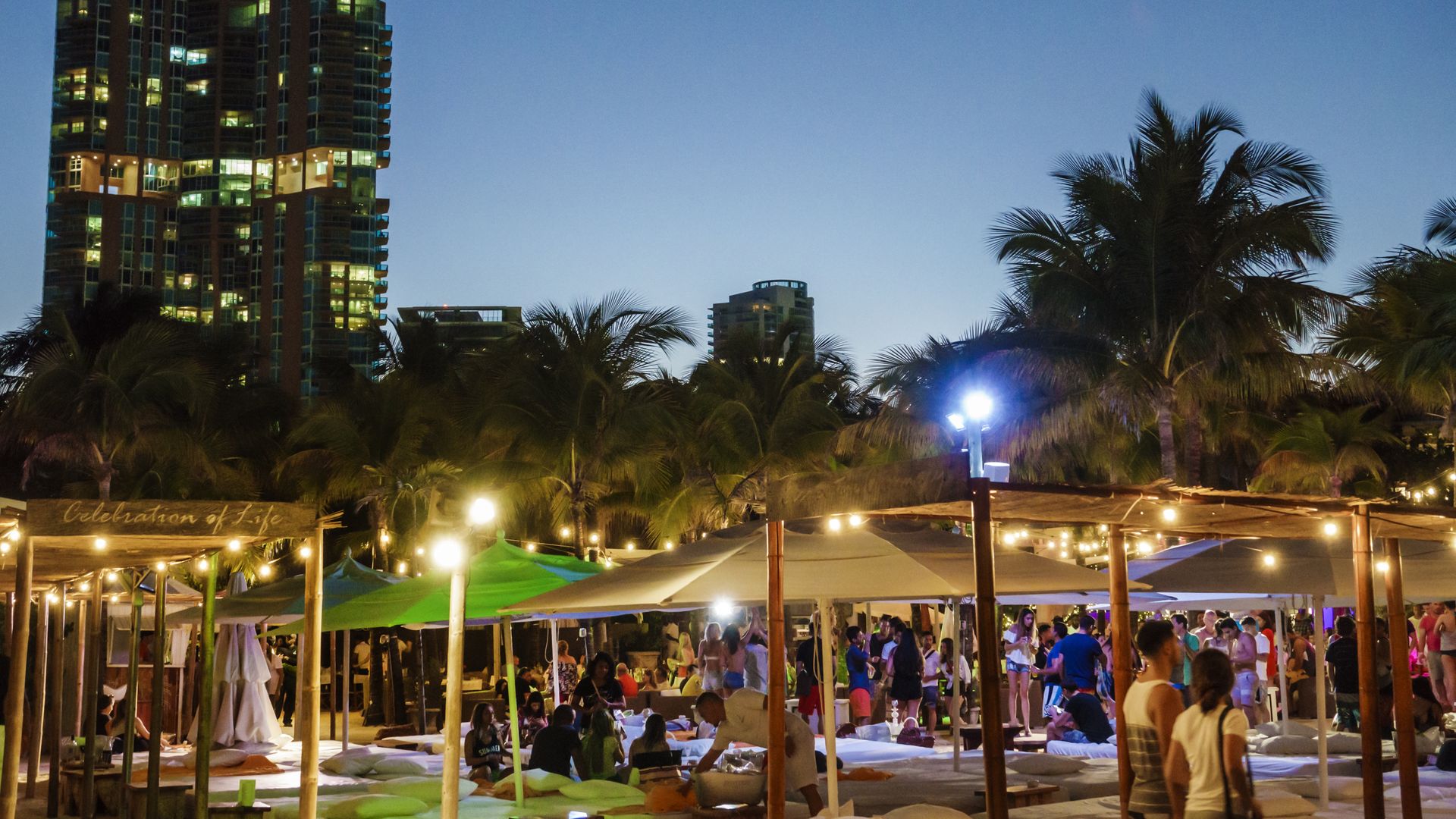 Miami Beach, Ocean Drive, Nikki Beach Club at Dusk. 
