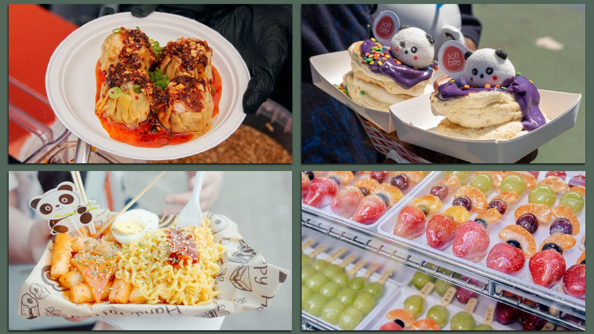 Quad-panel food collage: top left chili-drenched dumplings on a white plate; top right panda-topped pancakes with purple glaze; bottom left handheld noodles with skewers; bottom right colorful fruit dipped in hard glass-like sugar on skewers.