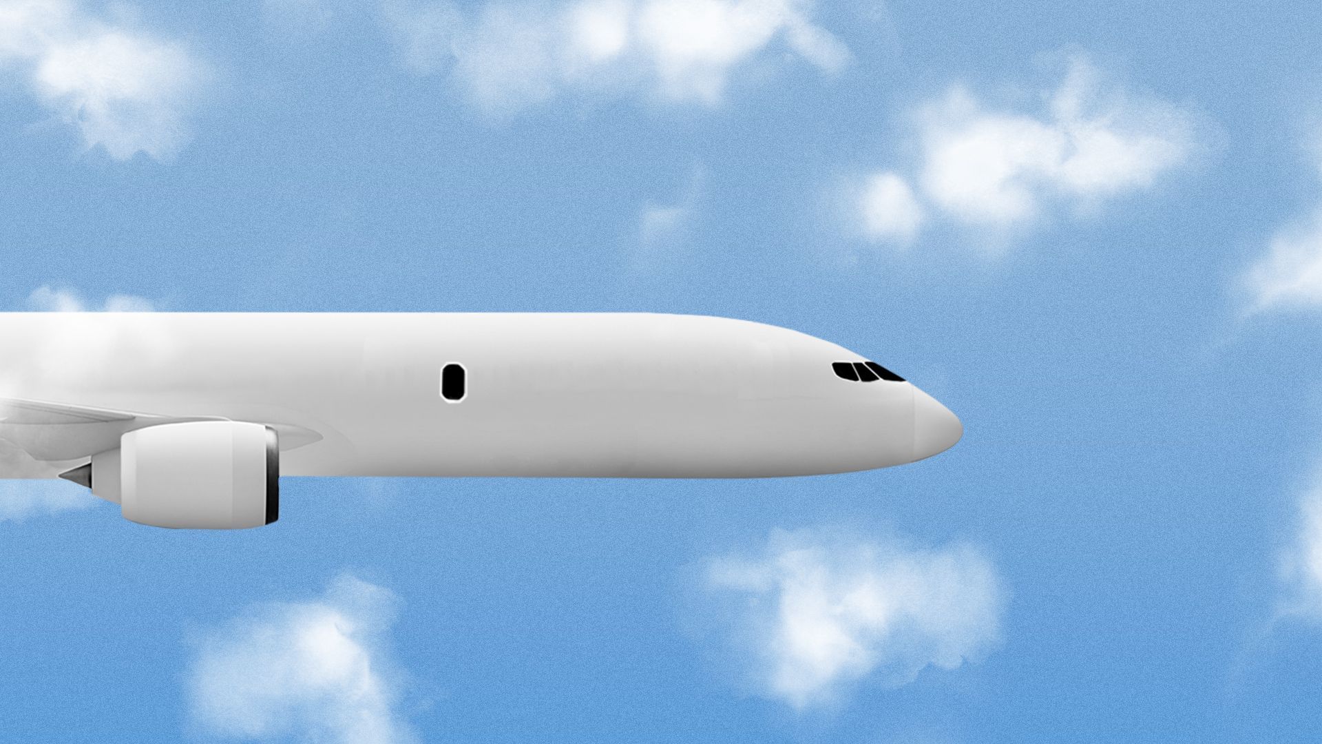 Illustration of a close up of an airplane flying in the air with a single passenger window. 