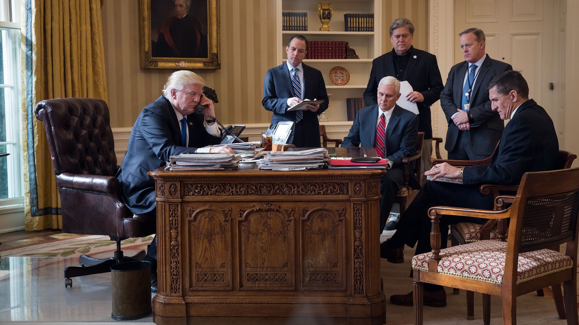 Trump sits in the Oval Office in January 2017. The only people in this photo who still work at the White House are Trump and Pence. Photo: Drew Angerer/Getty Images
