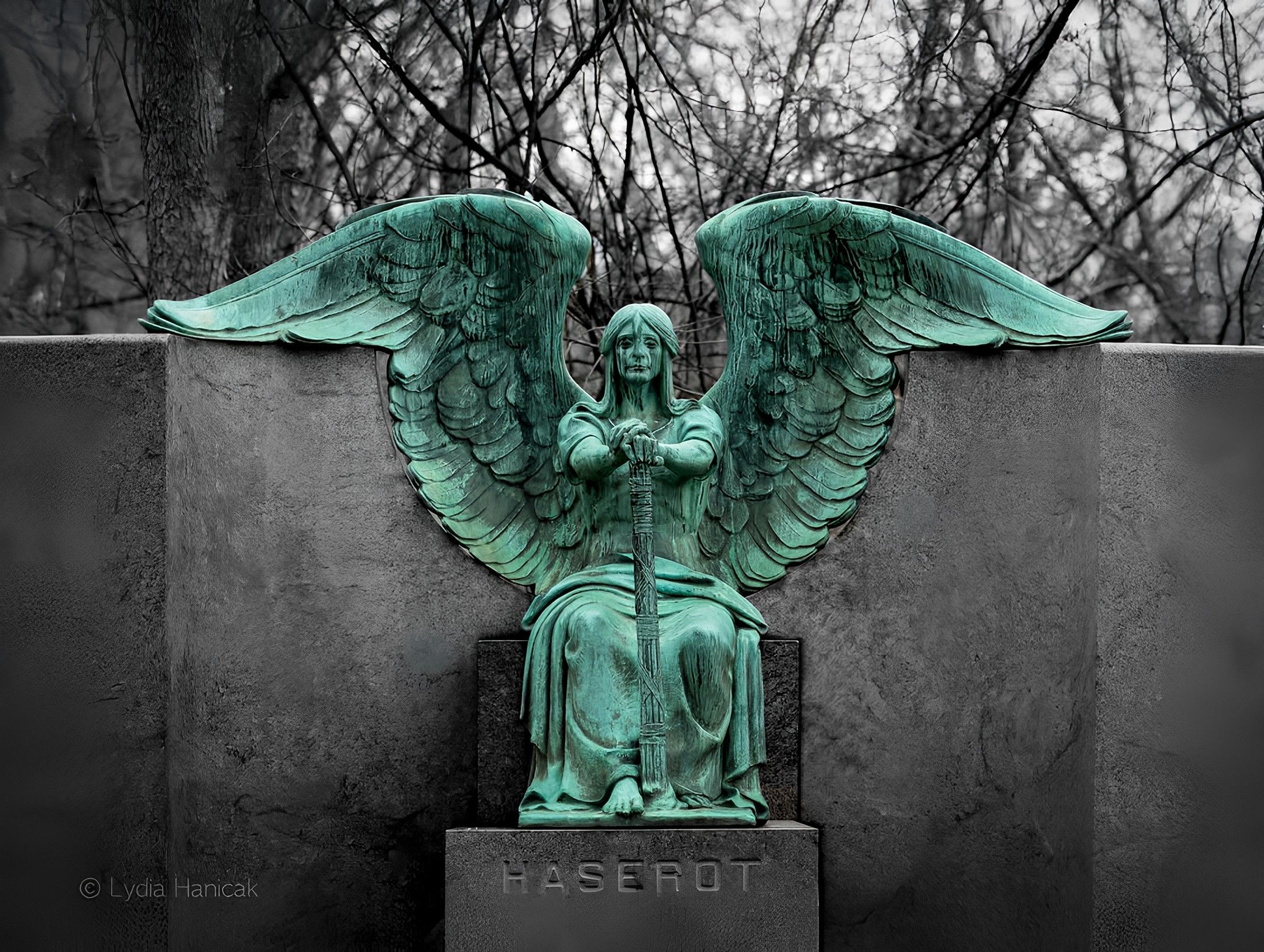 Teal patina angel statue with large wings sits atop a tomb labeled HASEROT, in a grayscale cemetery with bare, tangled trees behind.