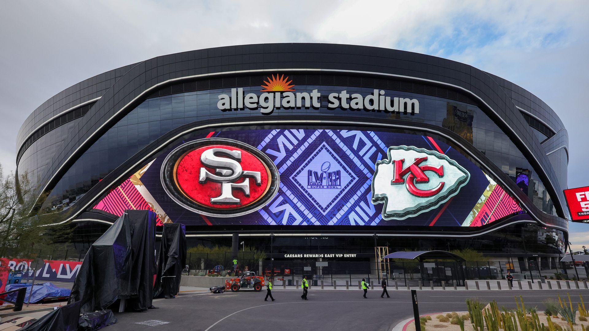 A video board displays logos for Super Bowl LVIII at Allegiant Stadium on February 01, 2024 in Las Vegas, Nevada. The game will be played on February 11, 2024, between the Kansas City Chiefs and the San Francisco 49ers