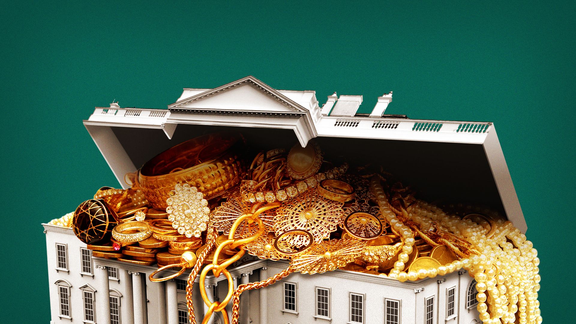 Illustration of the White House filled with overflowing gold jewelry, coins, and pearl necklaces against a solid teal background.