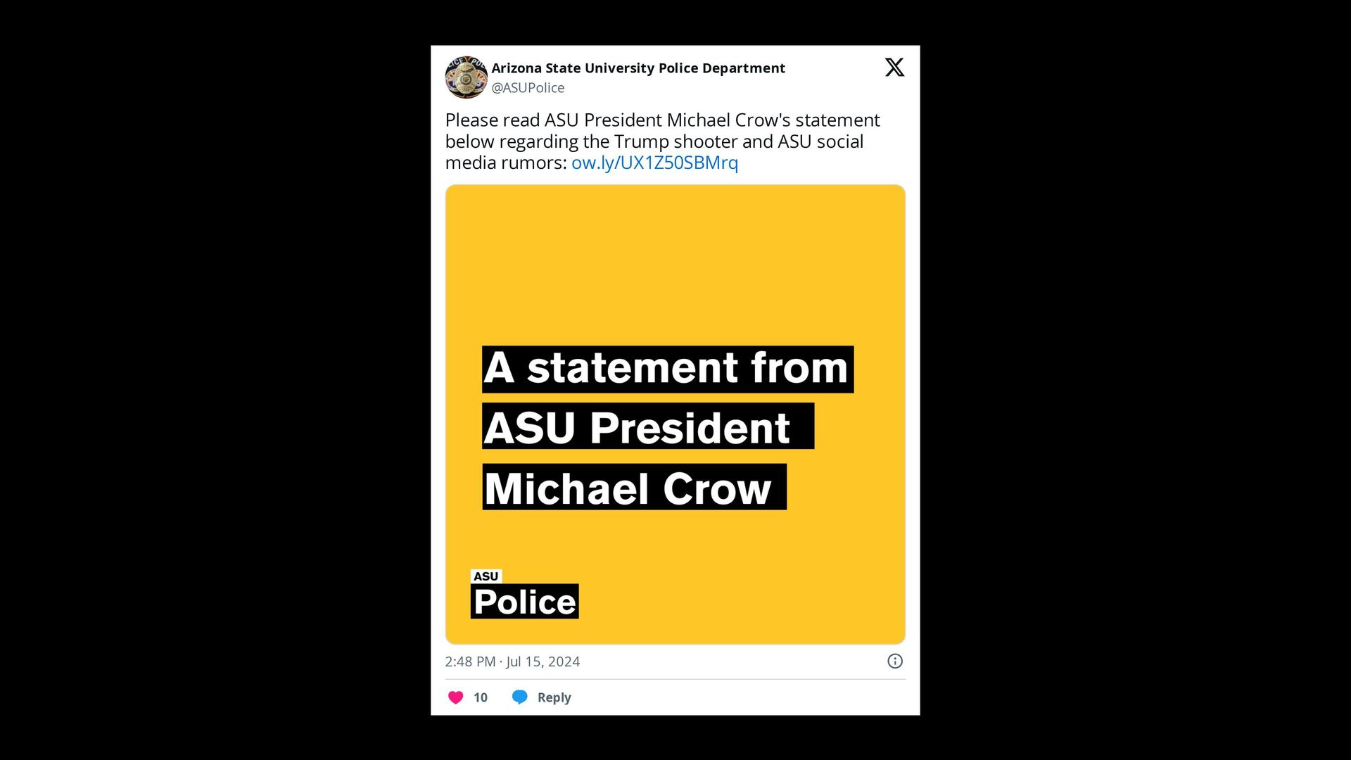 A screenshot from ASU Police's X account showing "A statement from ASU President Michael Crow."