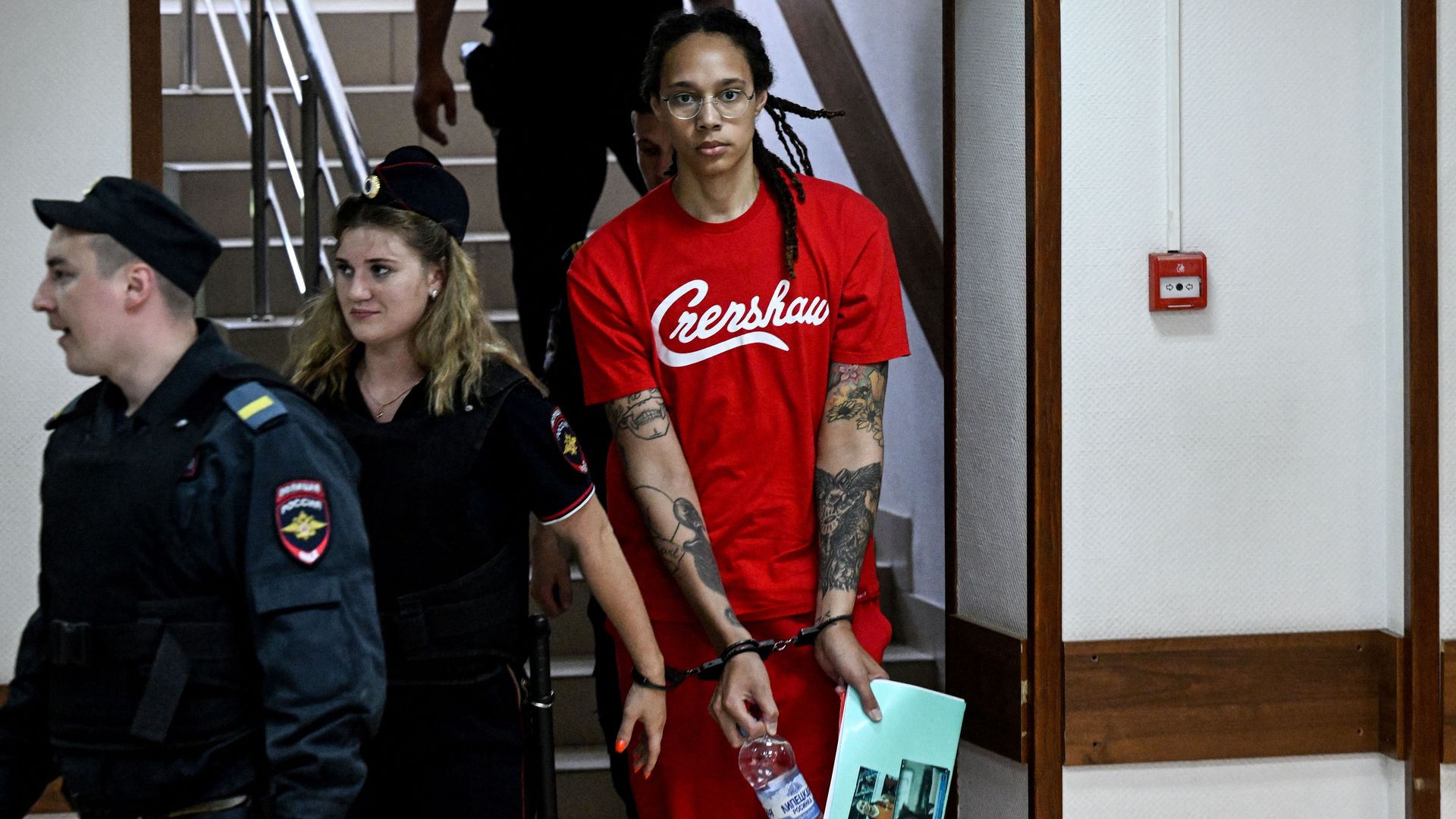WNBA basketball superstar Brittney Griner arrives to a hearing at the Khimki Court, outside Moscow on July 7, 2022.