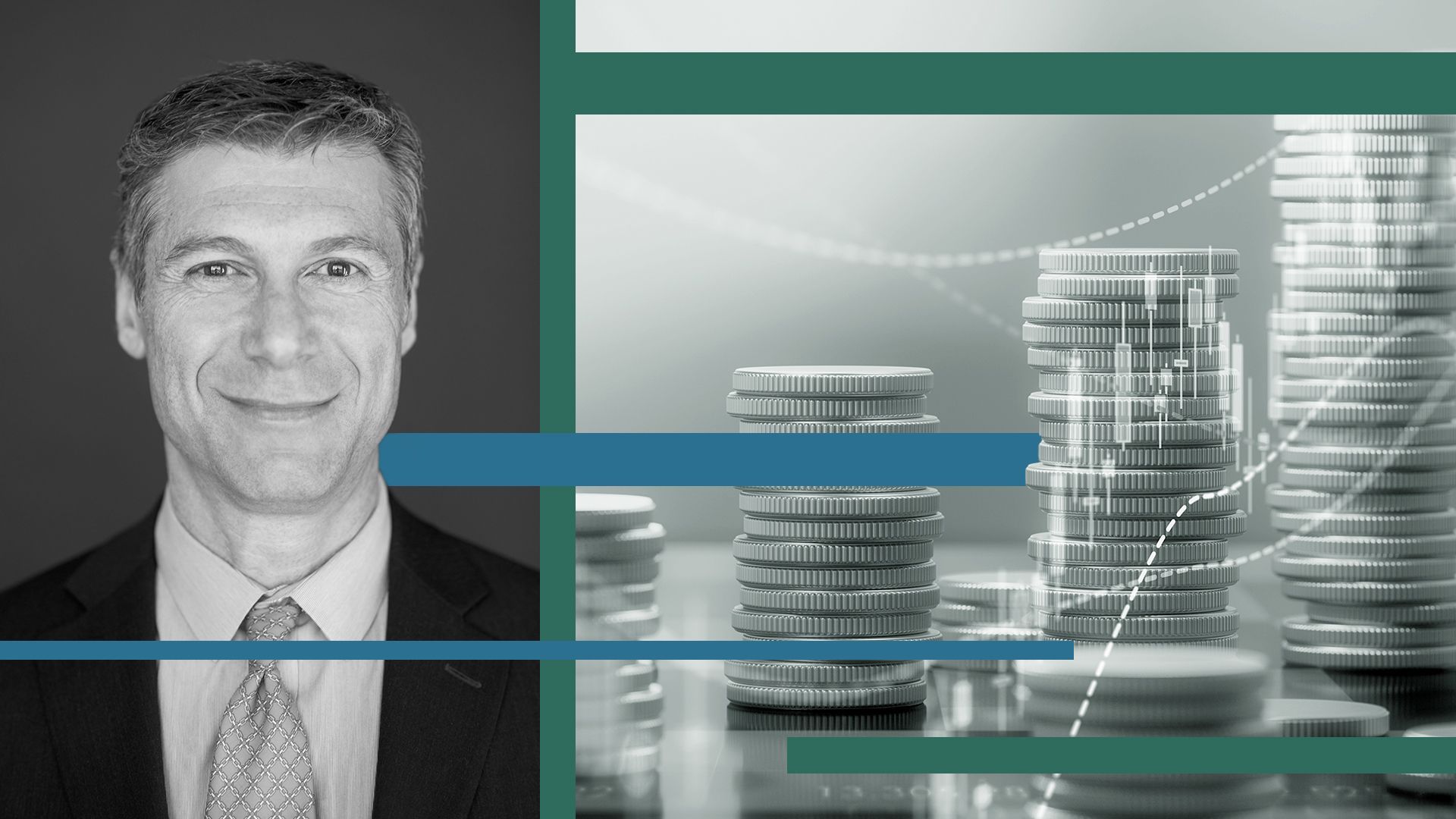 Photo illustration of Ed Bagdasarian with stacks of coins, dotted lines and geometric shapes.