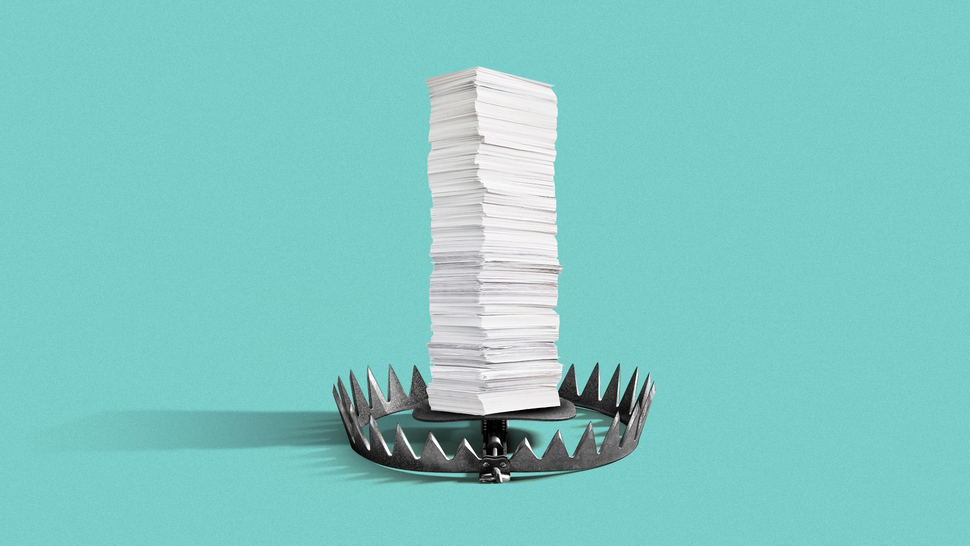 Illustration of a stack of paper inside of a bear trap.