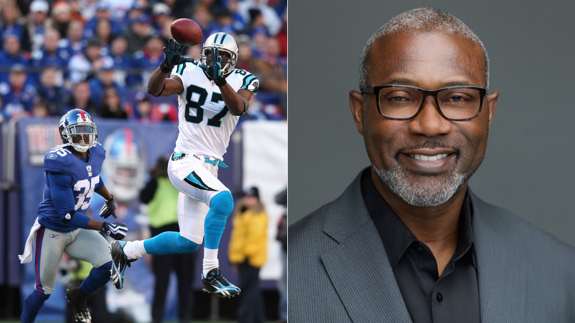  Left: Muhsin Muhammad #87 of the Carolina Panthers catches a pass against the New York Giants at Giants Stadium on December 27, 2009 in East Rutherford, New Jersey. Right: A headshot of Muhsin Muhammad today. 