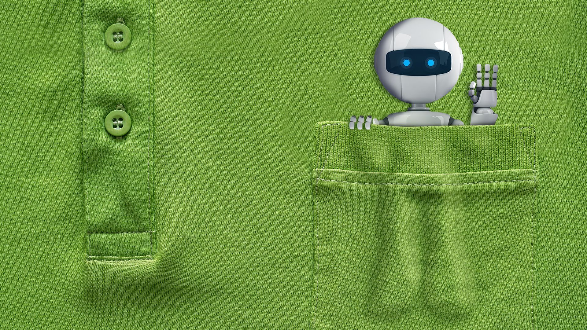 Illustration of a tiny robot inside a shirt pocket, waving. 