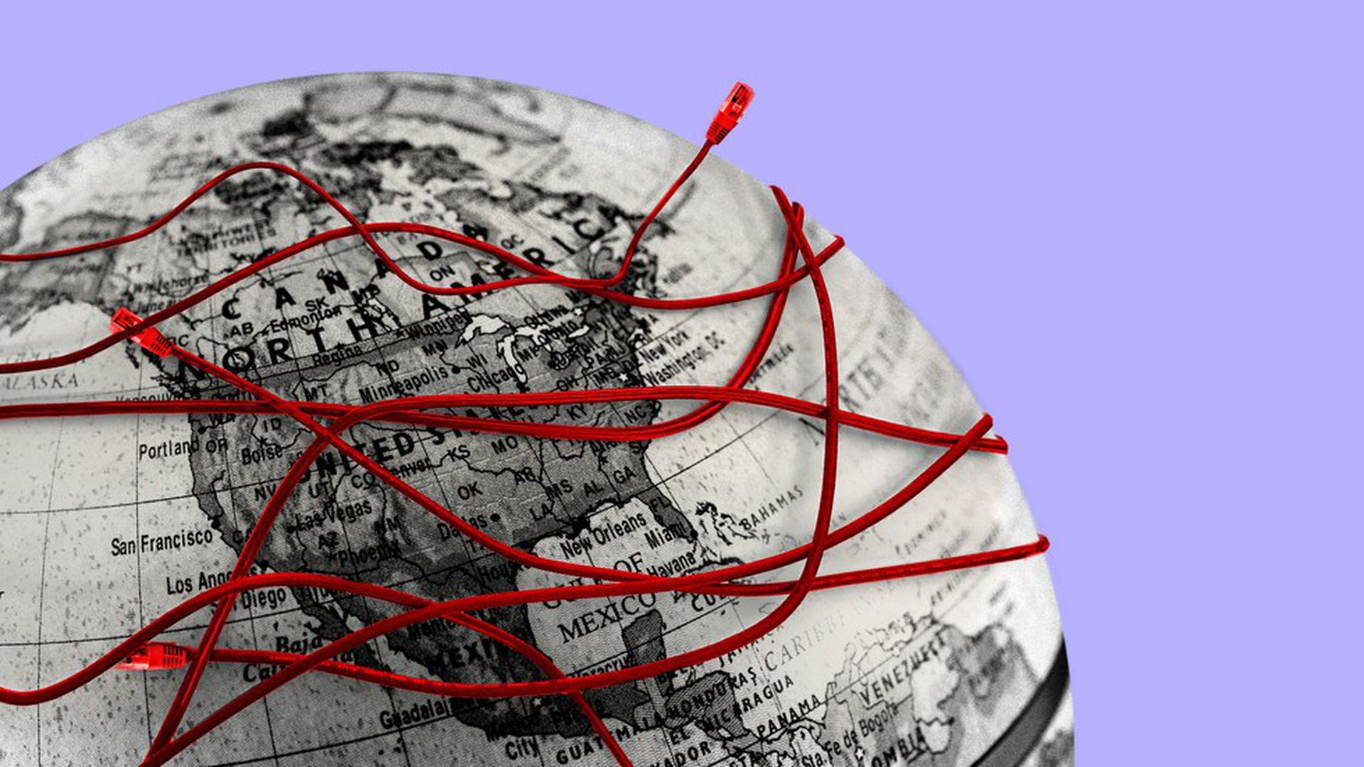An illustration of a globe covered in red Ethernet cords