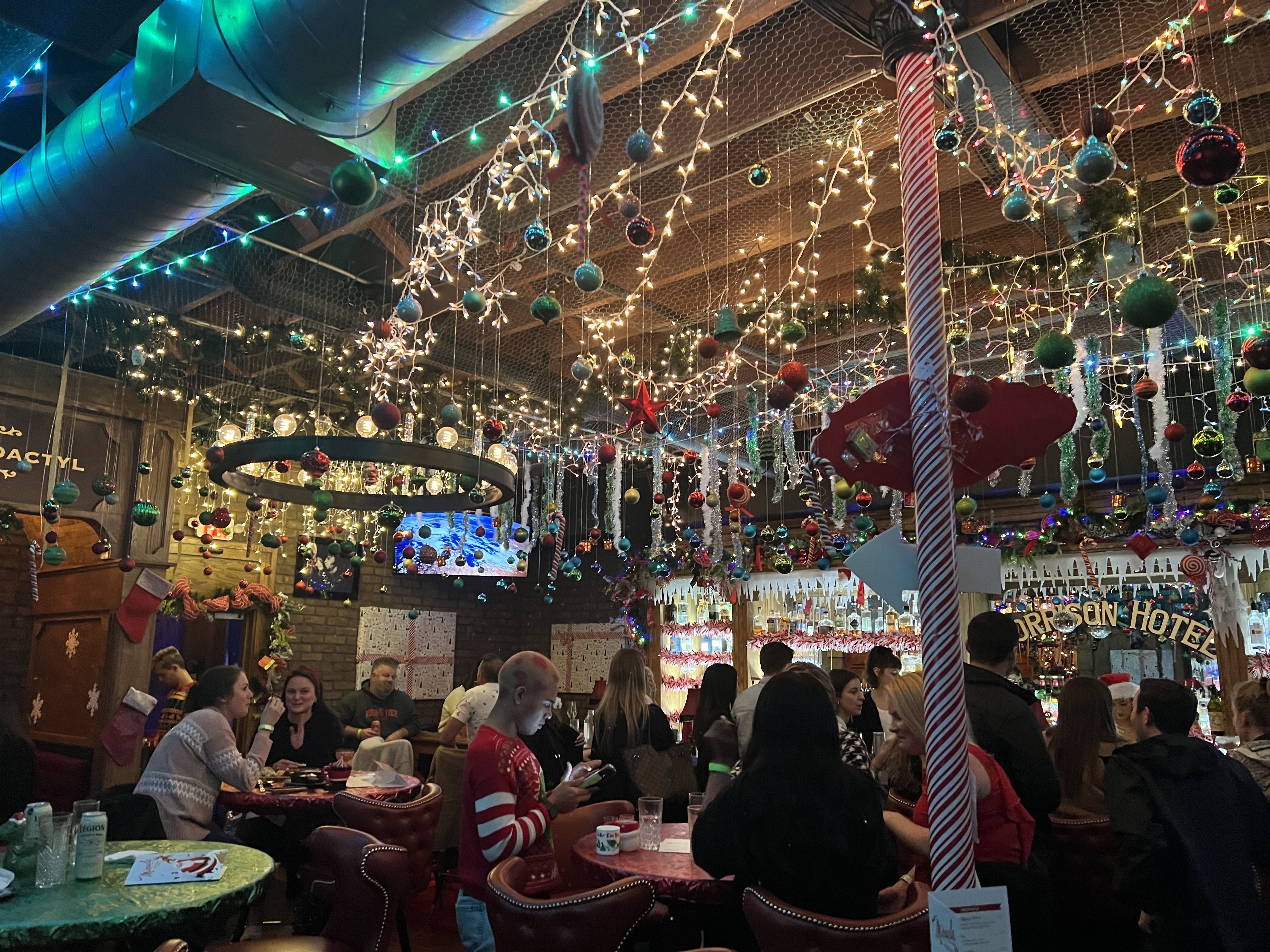 Bar decorated with Christmas lights 