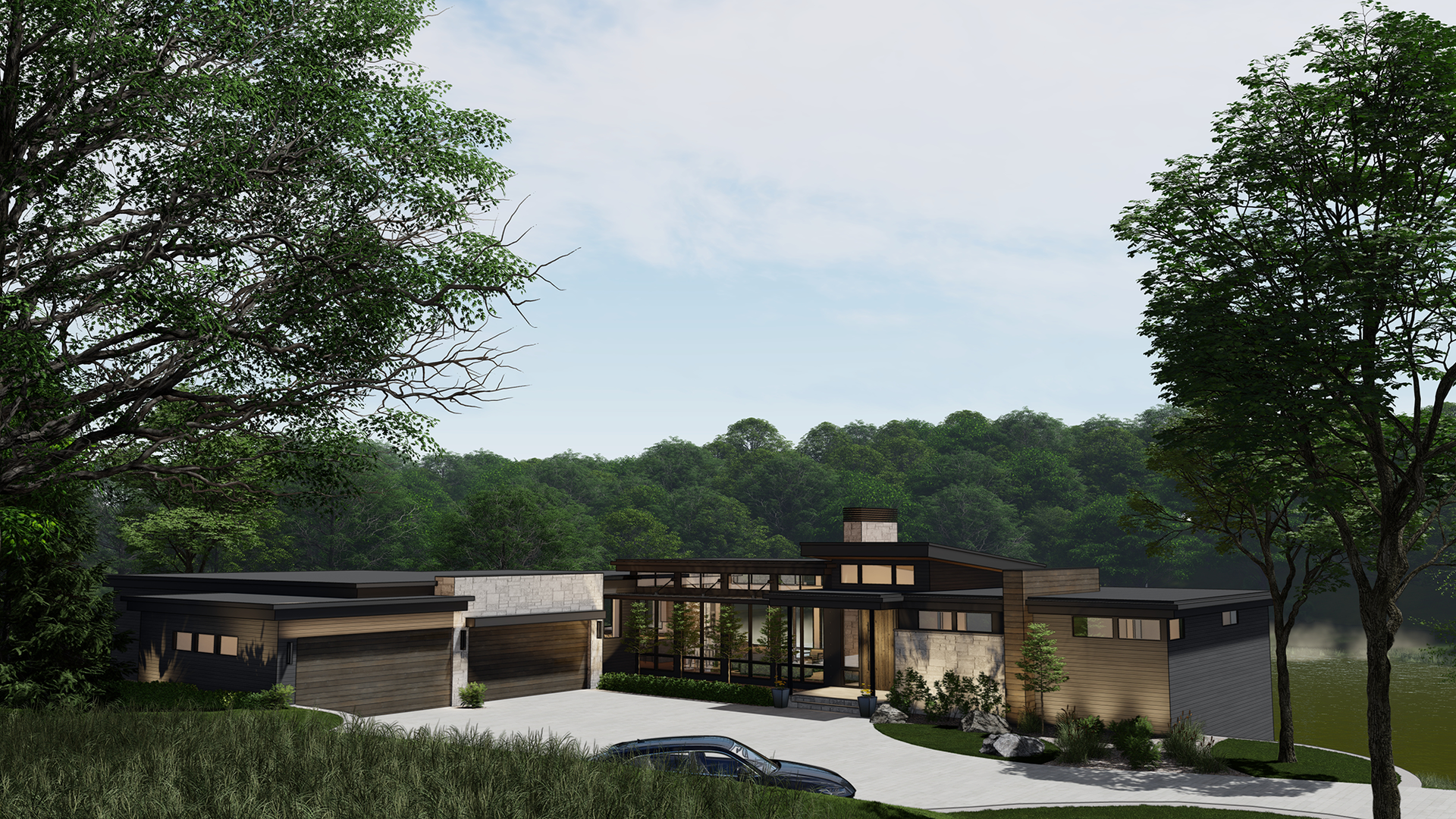 A rendering of a modern one-story house.