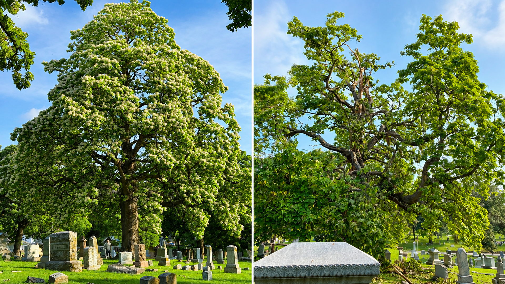 Two-panel cemetery scene: left shows a tall tree covered in white blossoms; right shows a sprawling green tree with twisting branches among gravestones, under a bright blue sky.