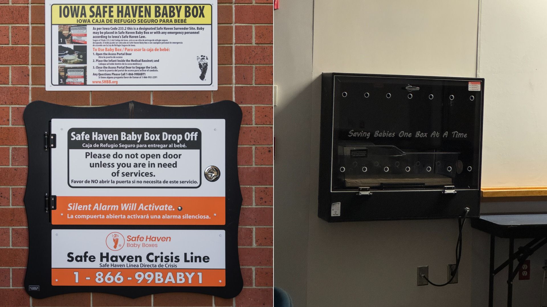Two images of black Safe Haven Baby Box drop-off units; one on a brick wall with multi-language instructions, another with a transparent panel and the phrase "Saving Babies One Box At A Time".
