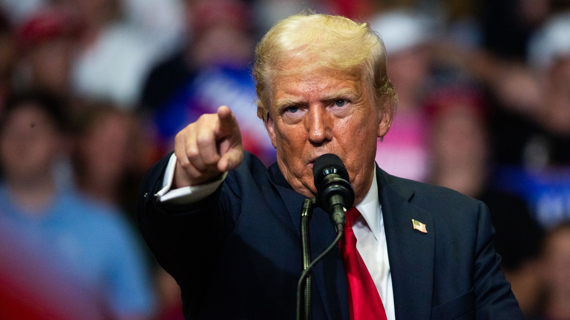  Former President Trump speaks during a campaign event at Van Andel Arena in Grand Rapids, Michigan, US, on Saturday, July 20, 2024. 