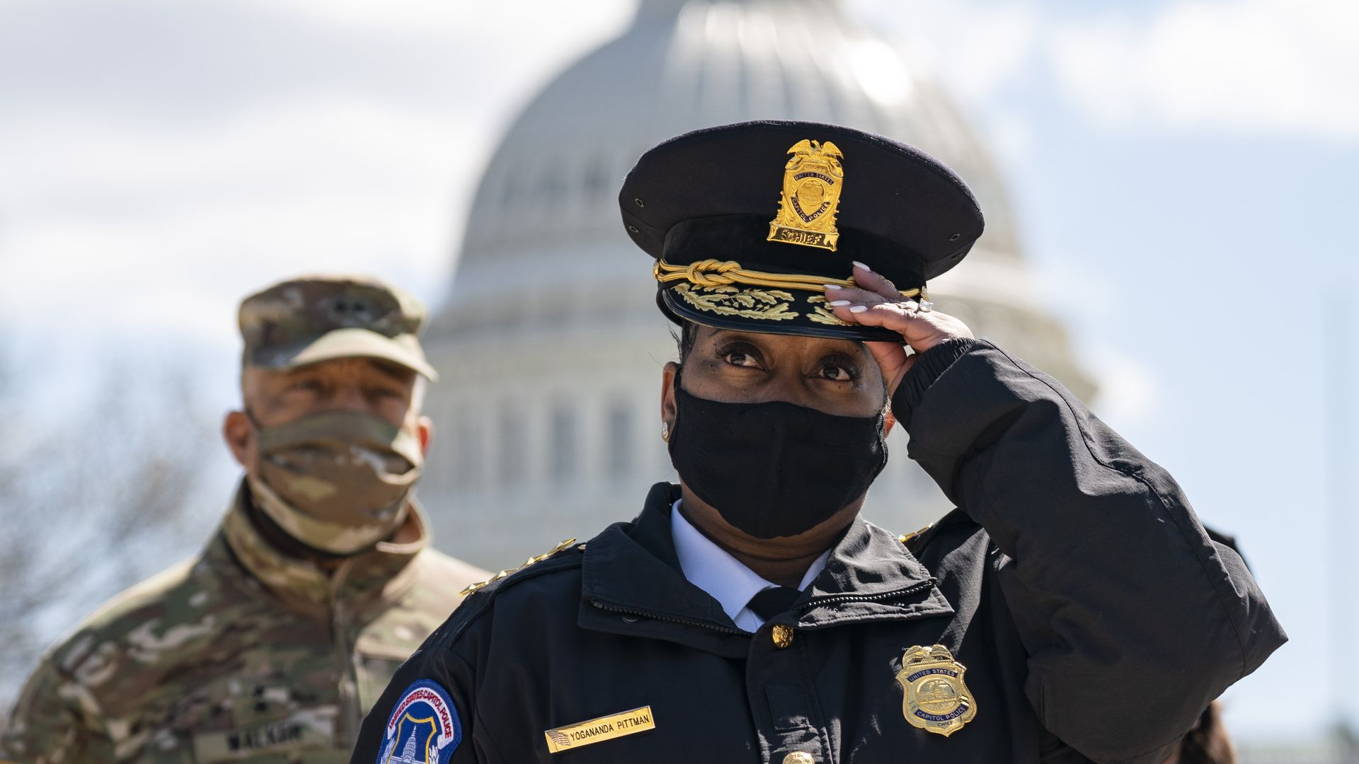 Acting Capitol Police Chief Yogananda Pittman attends a press briefing about the security incident at the U.S. Capitol on April 2, 2021 in Washington, DC. 