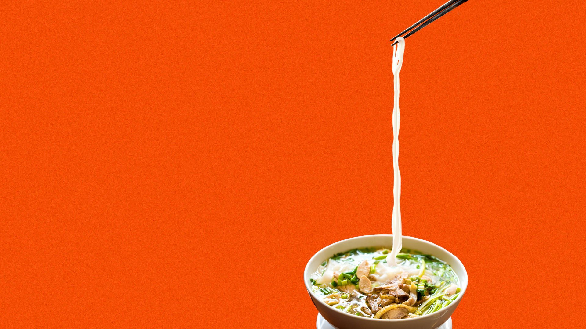 Illustration of a pair of chopsticks holding noodles above a bowl of pho.