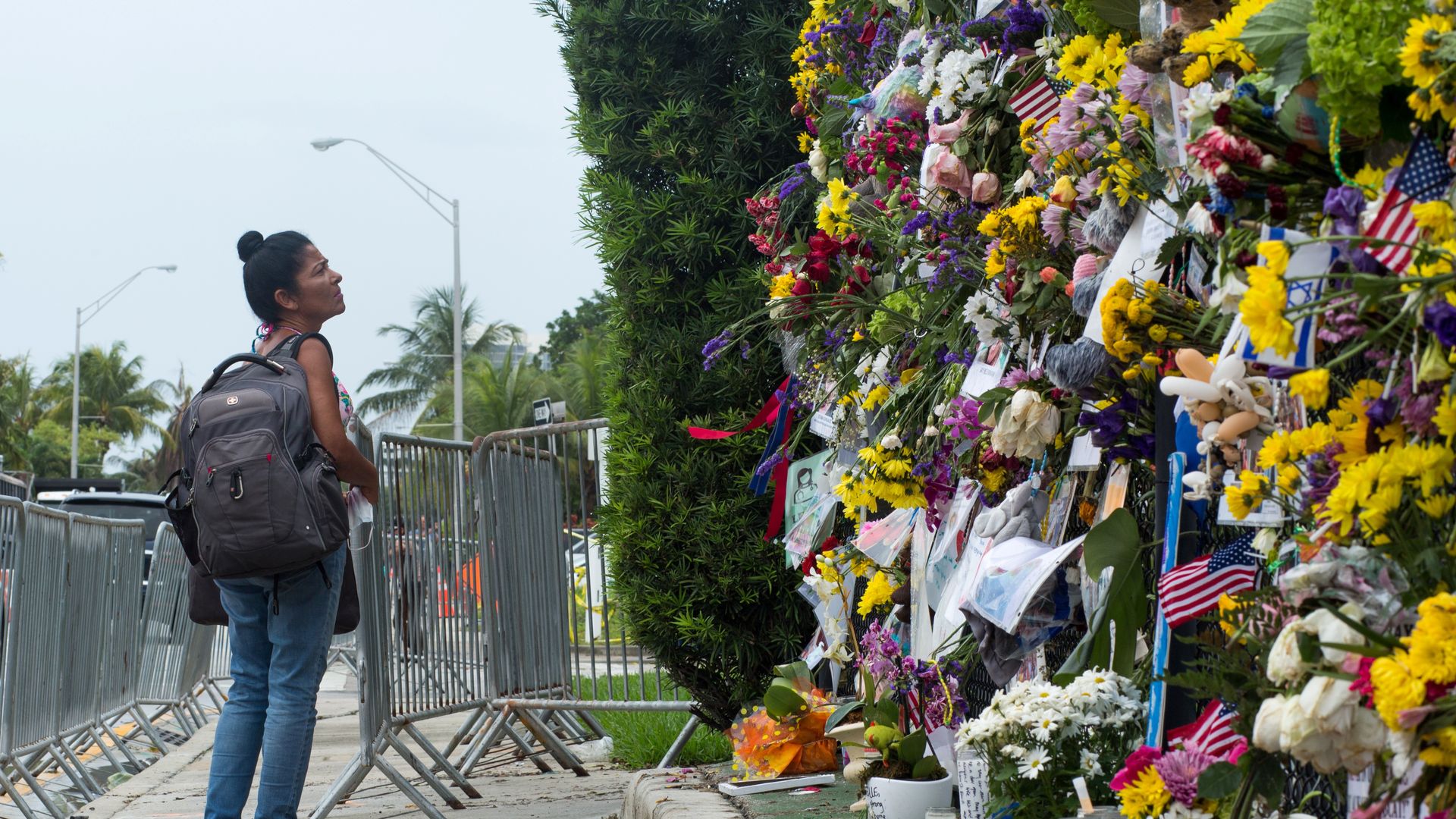 A makeshift memorial is seen near the site of the collapsed residential building in Miami-Dade County, Florida, the United States, on July 6, 2021. 