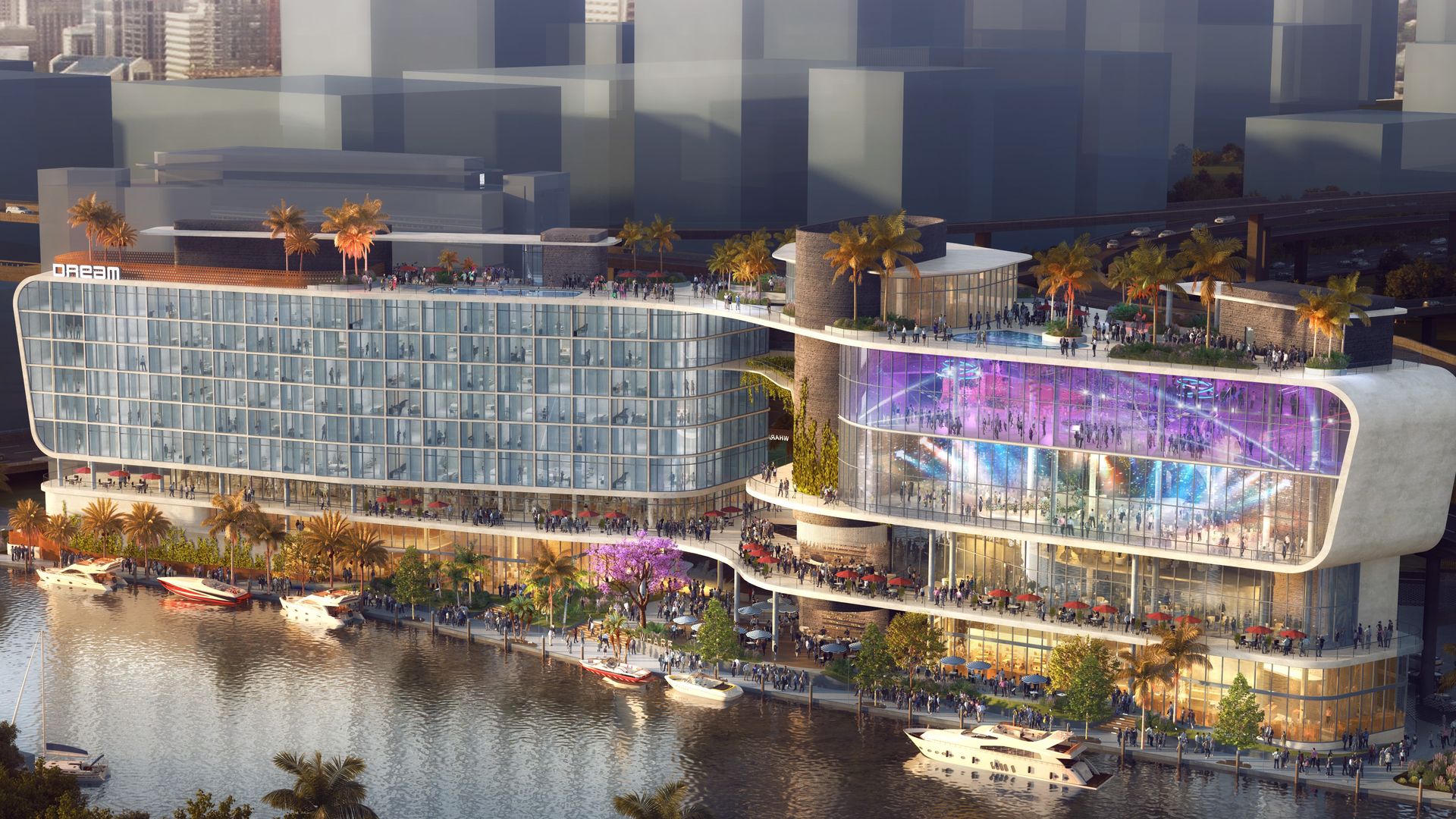 A rendering of a sleek, modern, glass-fronted hotel along a river.