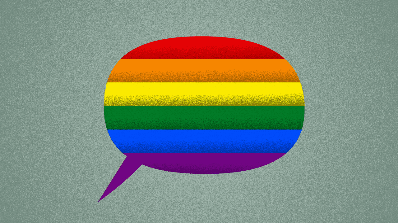 Illustration of a word balloon in the colors of the Pride flag with a no symbol drawing over it.