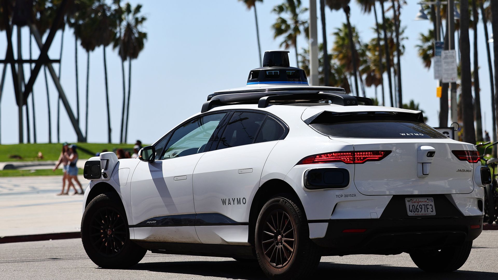 A Waymo autonomous self-driving Jaguar drives along Venice Beach on March 14 in Los Angeles. Photo: Mario Tama/Getty Images