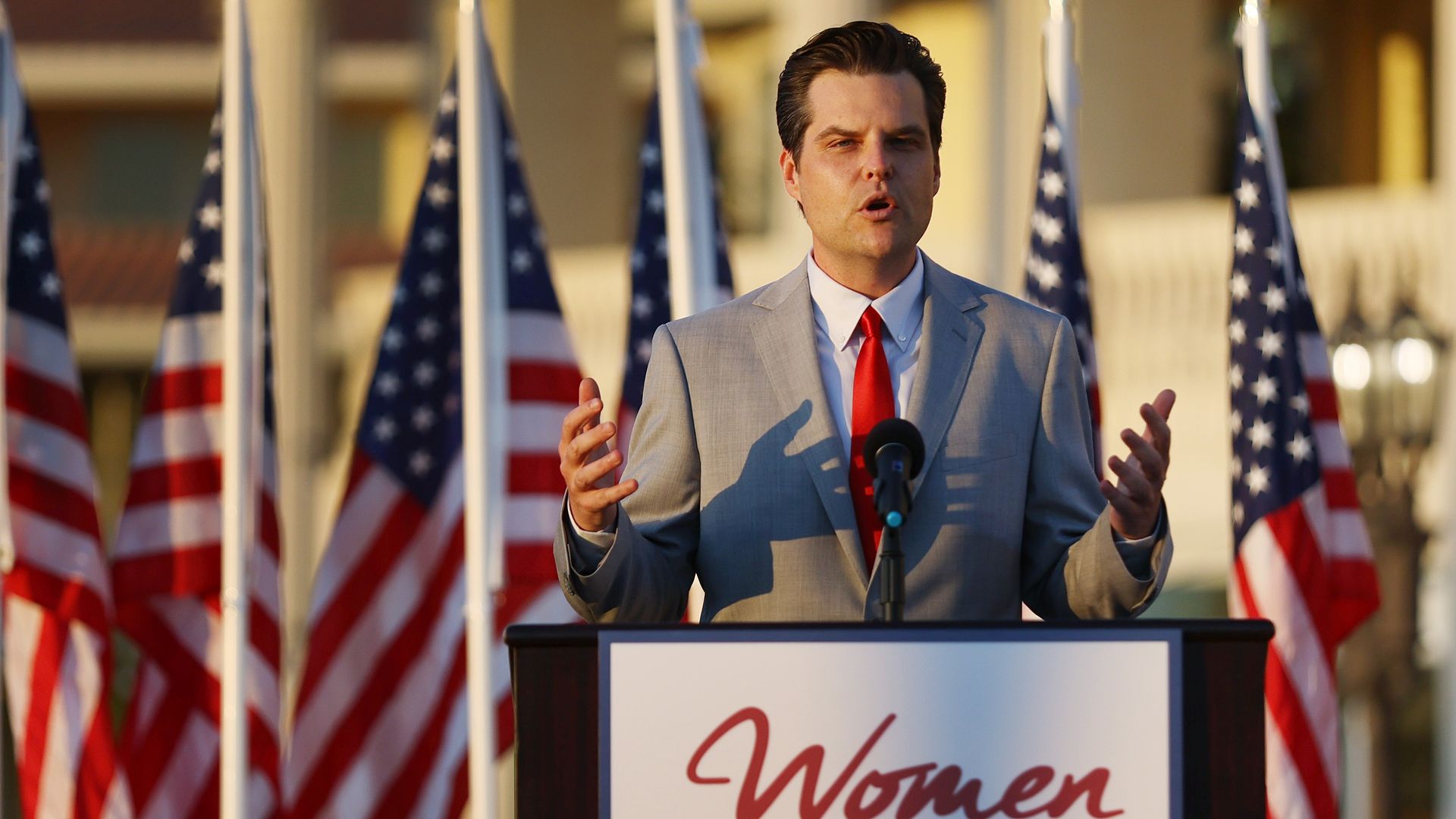 Photo of Matt Gaetz speaking at a Women for America First event