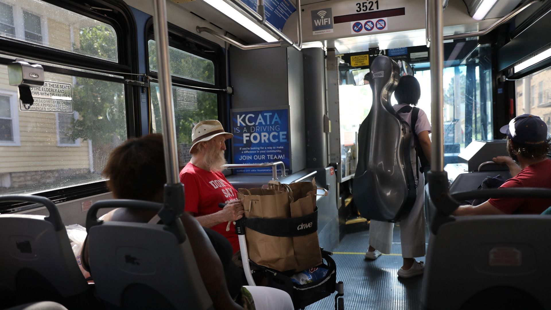 Does A Free Public Transit System Sound Like A Pipe Dream? Kansas City Is Doing It. Kansas City, MO - September 6: Riders prepare for a stop. The Kansas City Area Transportation Authority (KCATA) bus is free for all riders. 