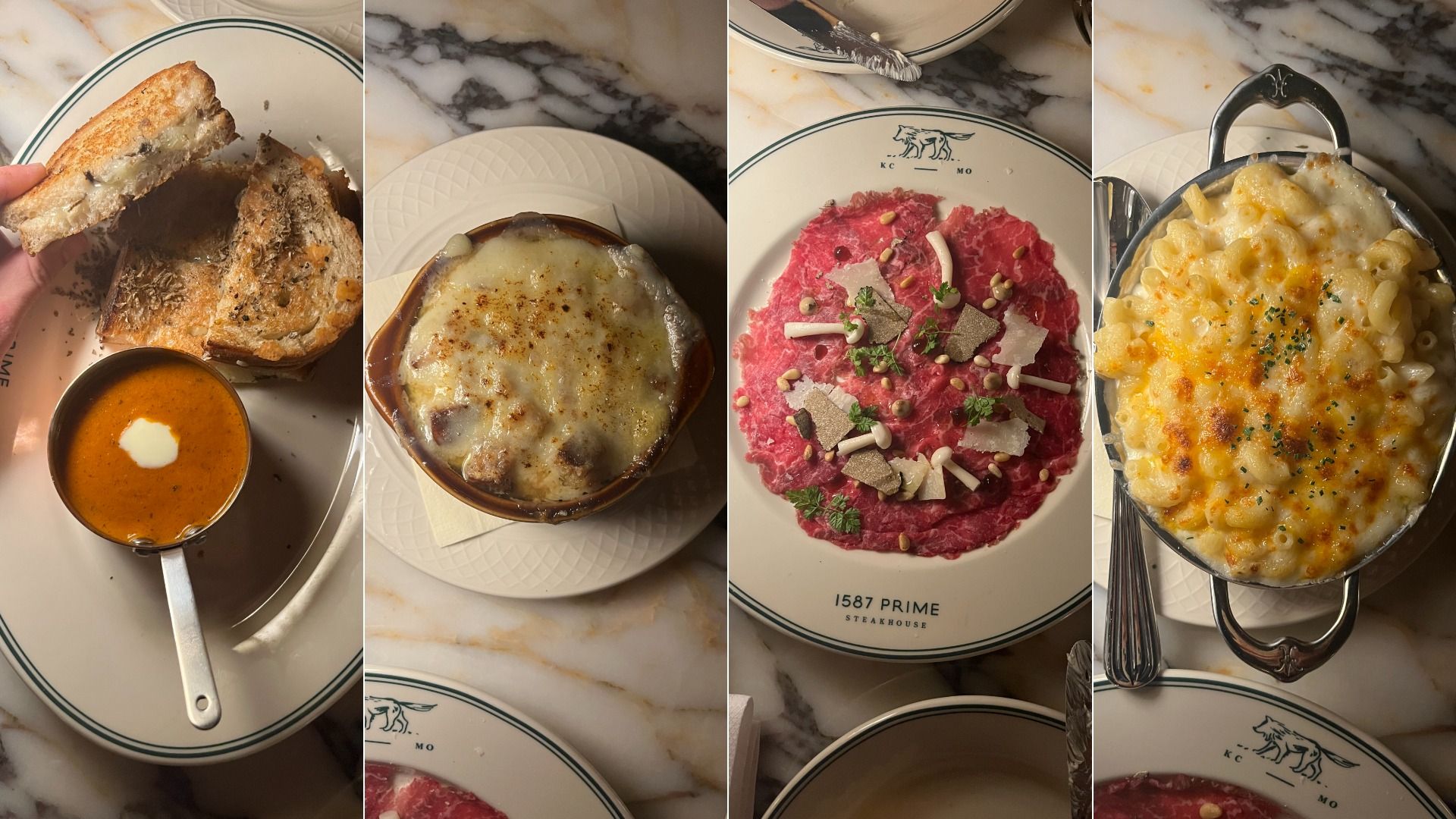 Four dishes on a marble table: grilled cheese with tomato soup, baked French onion soup with melted cheese, beef carpaccio with mushrooms and herbs on a 1587 Prime plate, and baked mac and cheese.