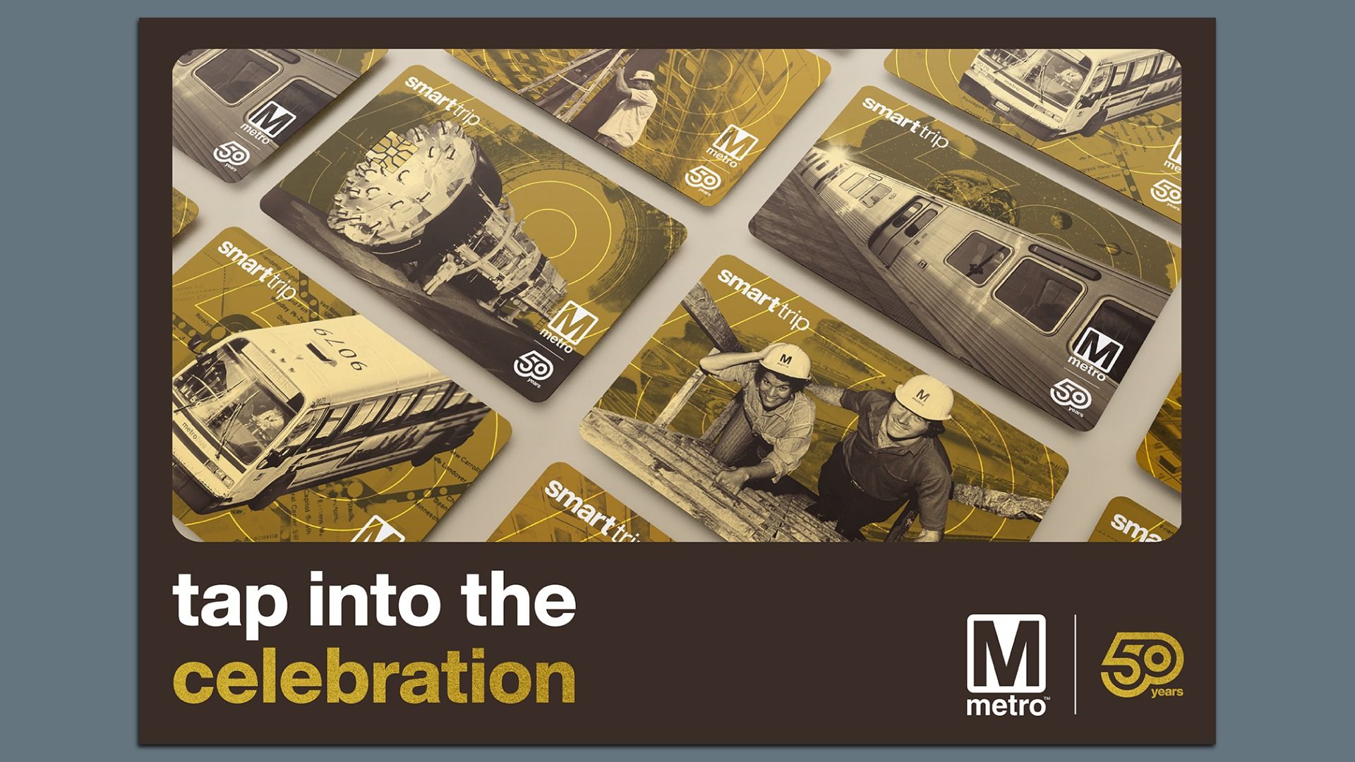 Diagonal collage of gold-toned metro cards with the "M Metro" logo and vintage train images, set against a dark brown frame on a blue-gray background.