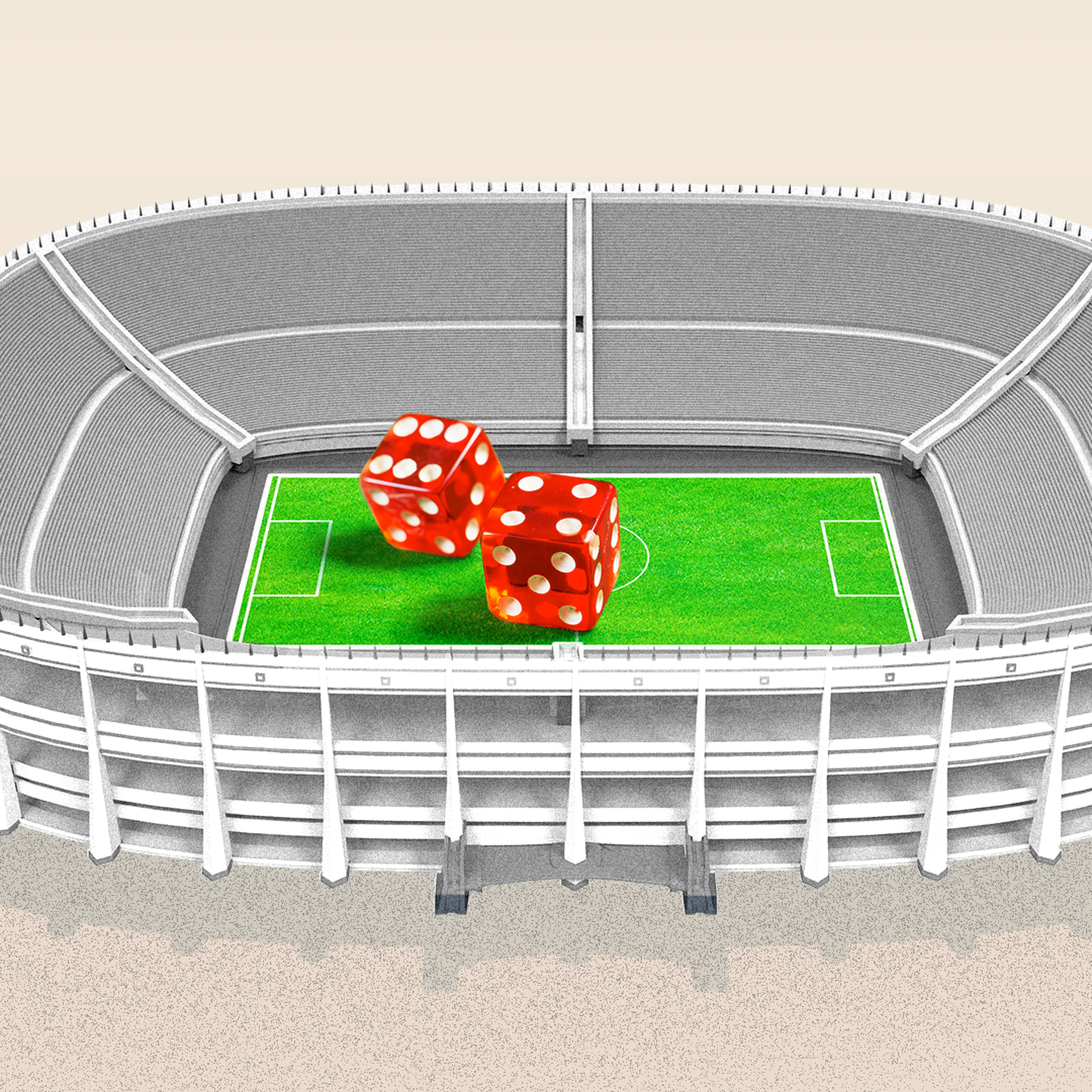 A graphic of a stadium with large dice rolling through the middle. 