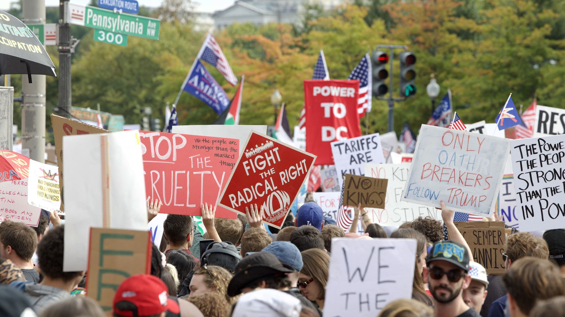 Protestors hold signs in a No Kings rally in D.C.
