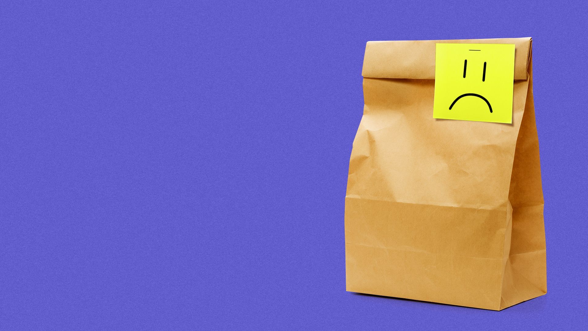 Illustration of a paper lunch bag with a post it note on the side showing a sad face.